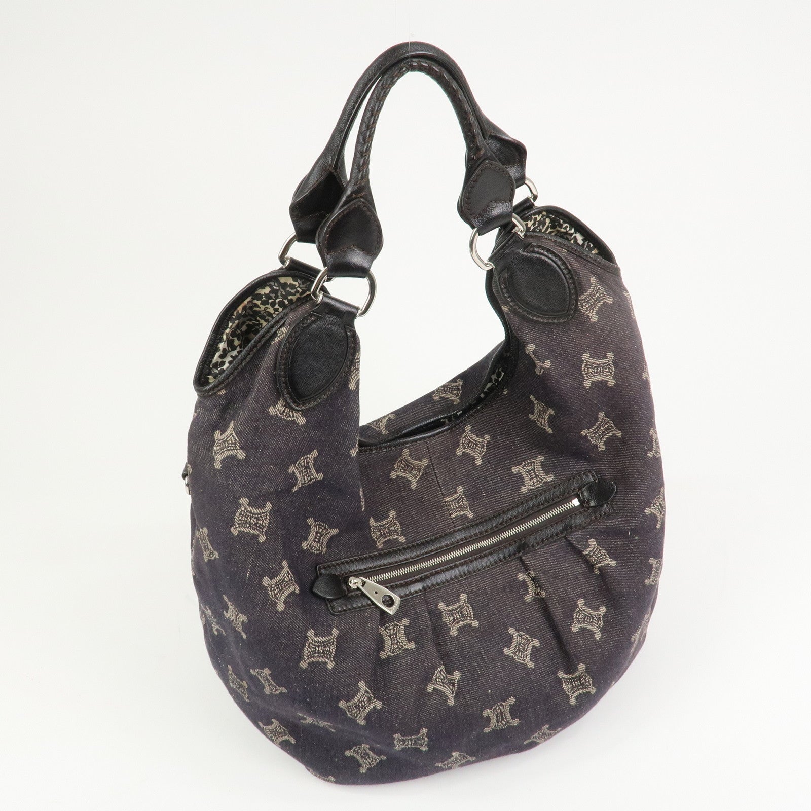 CELINE Macadam Denim Leather 2Way Shoulder Bag Indigo Blue Brown