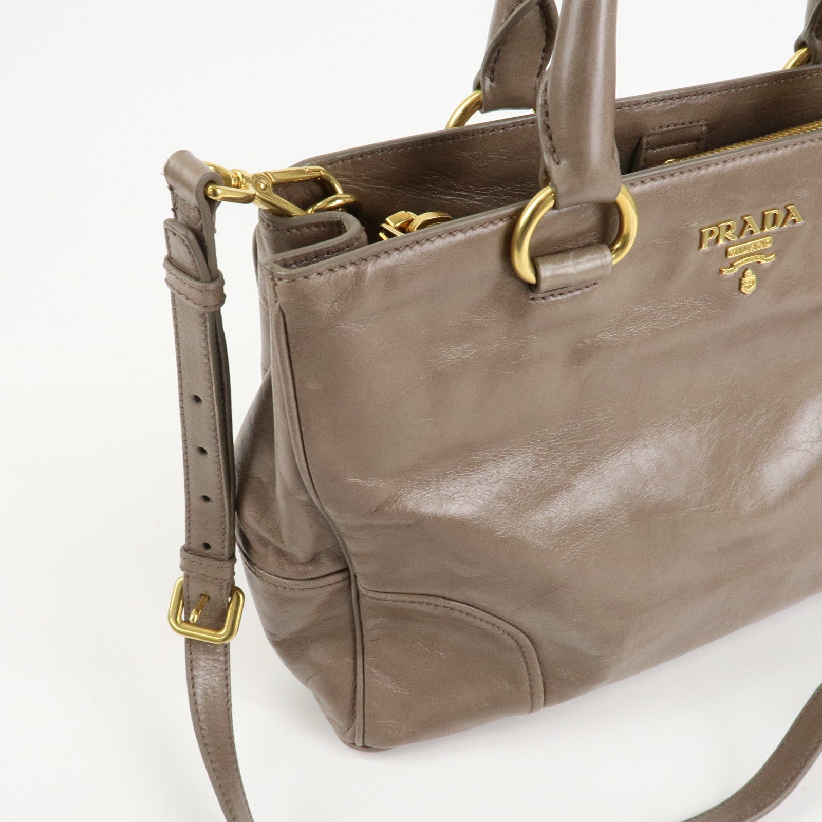 PRADA Logo Leather 2Way Bag Hand Bag Shoulder Bag Greige BN2533 Used