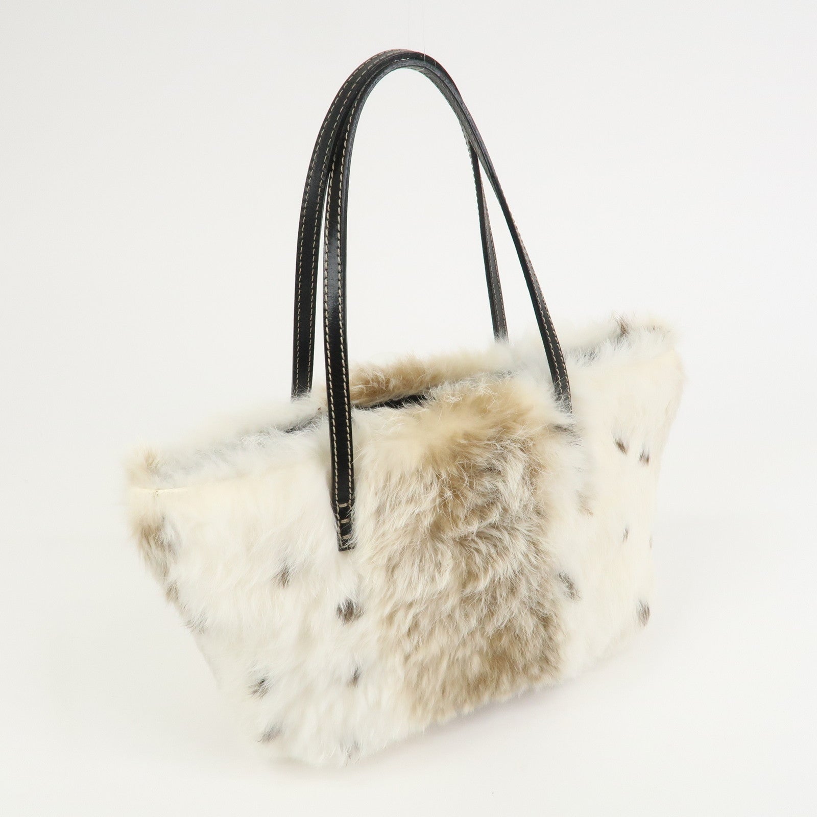 FENDI Fur Leather Hand Bag Tote Bag Ivory Light Brown 8BH056