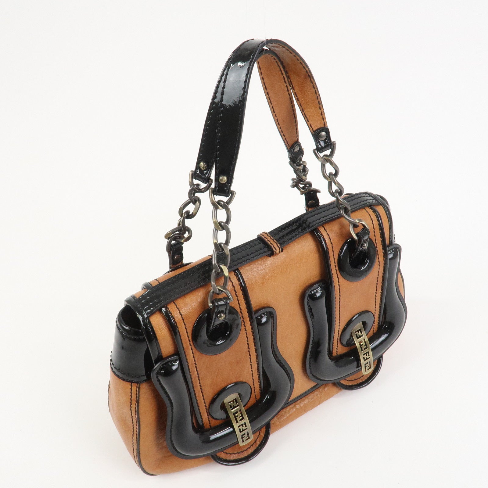 FENDI Patent Leather Shoulder Bag Hand Bag Brown Black 8BN165