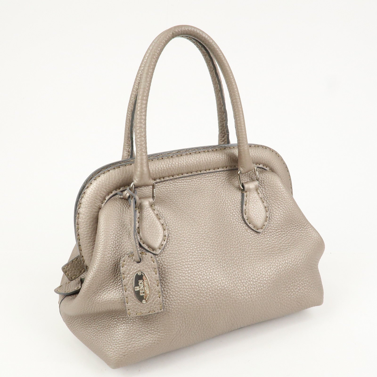 FENDI Selleria Logo Leather Boston Bag Hand Bag Greige 8BN127