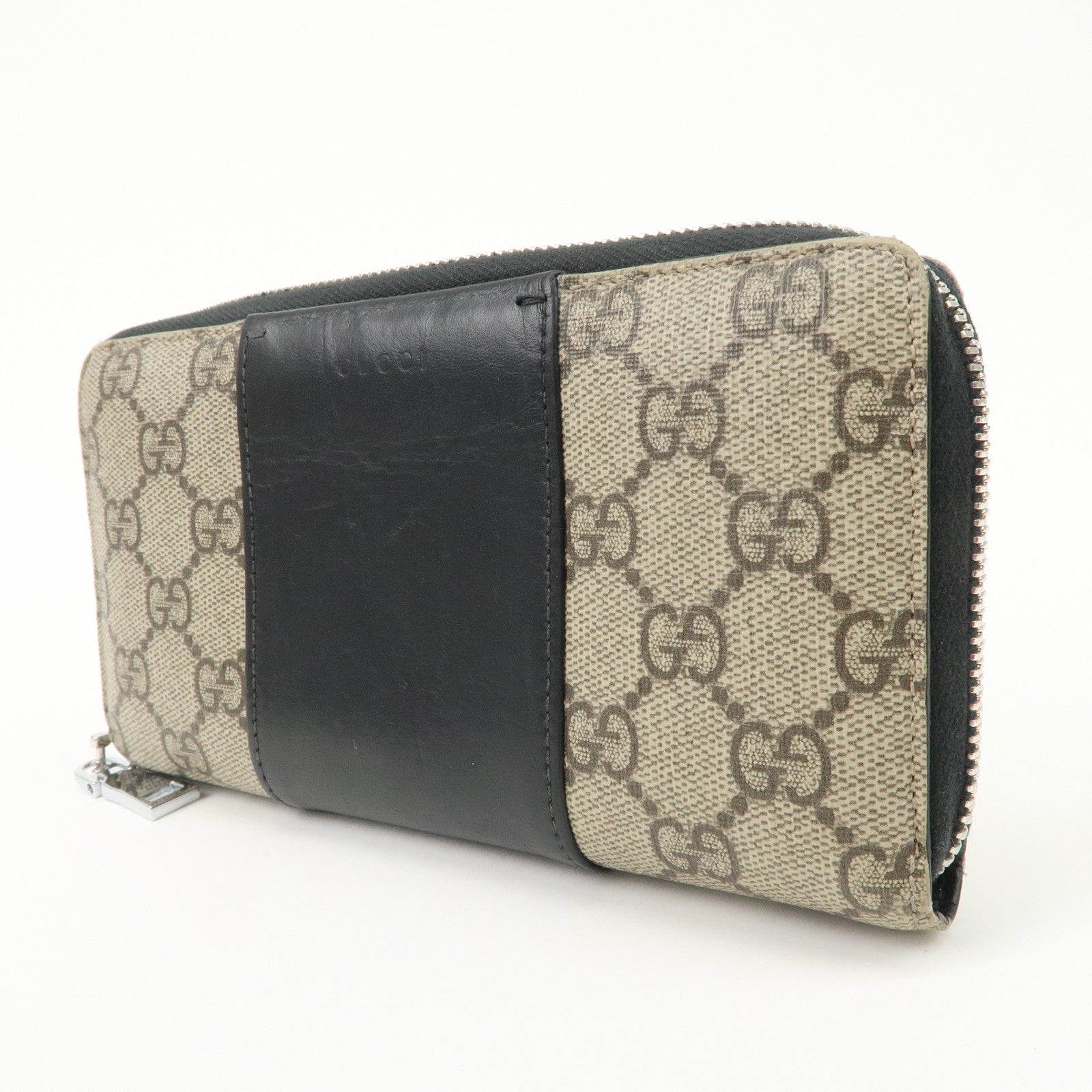 GUCCI GG Supreme Leather Round Zippy Long Wallet Beige Black 451249