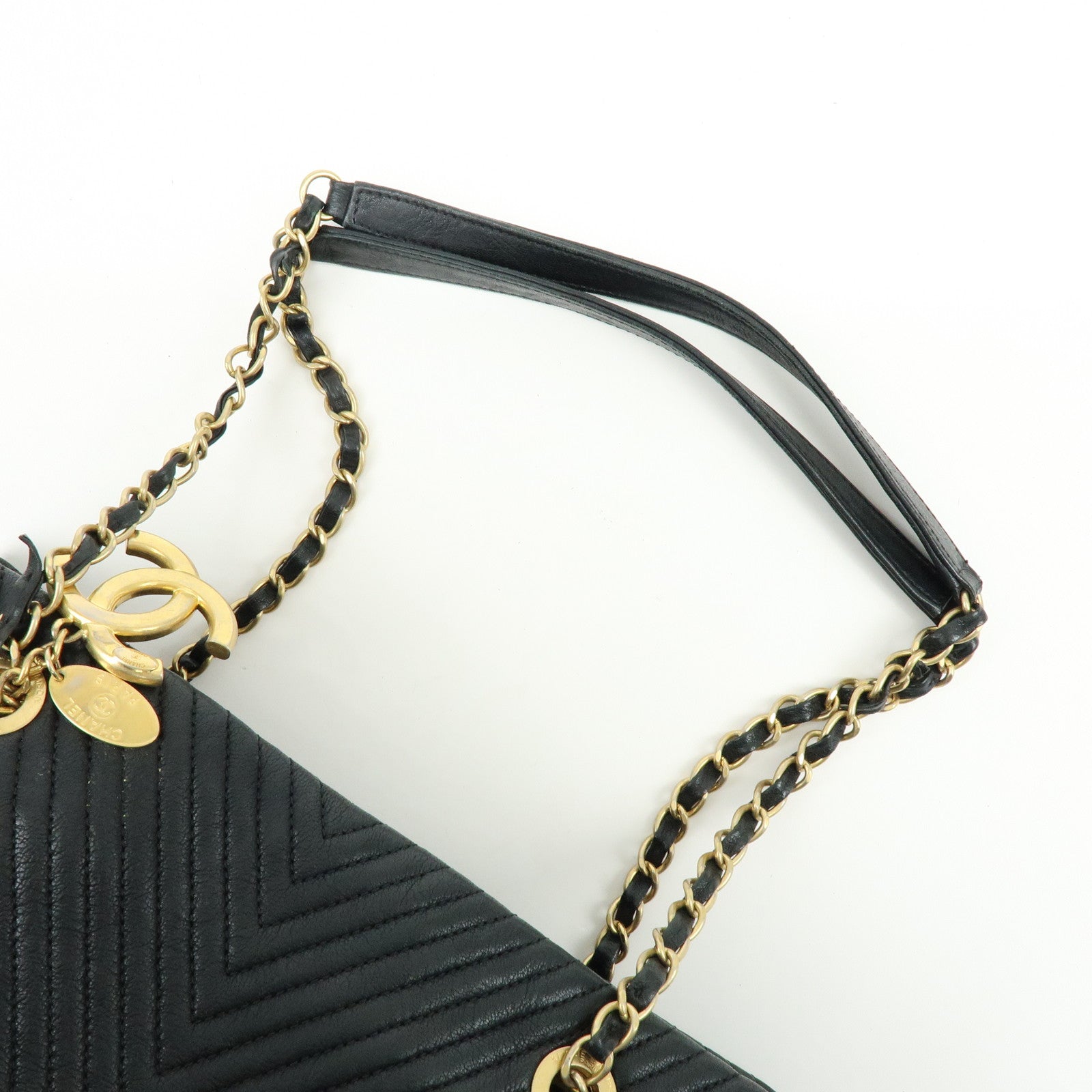 CHANEL Chevron Calf Leather Shoulder Bag Tote Bag Black