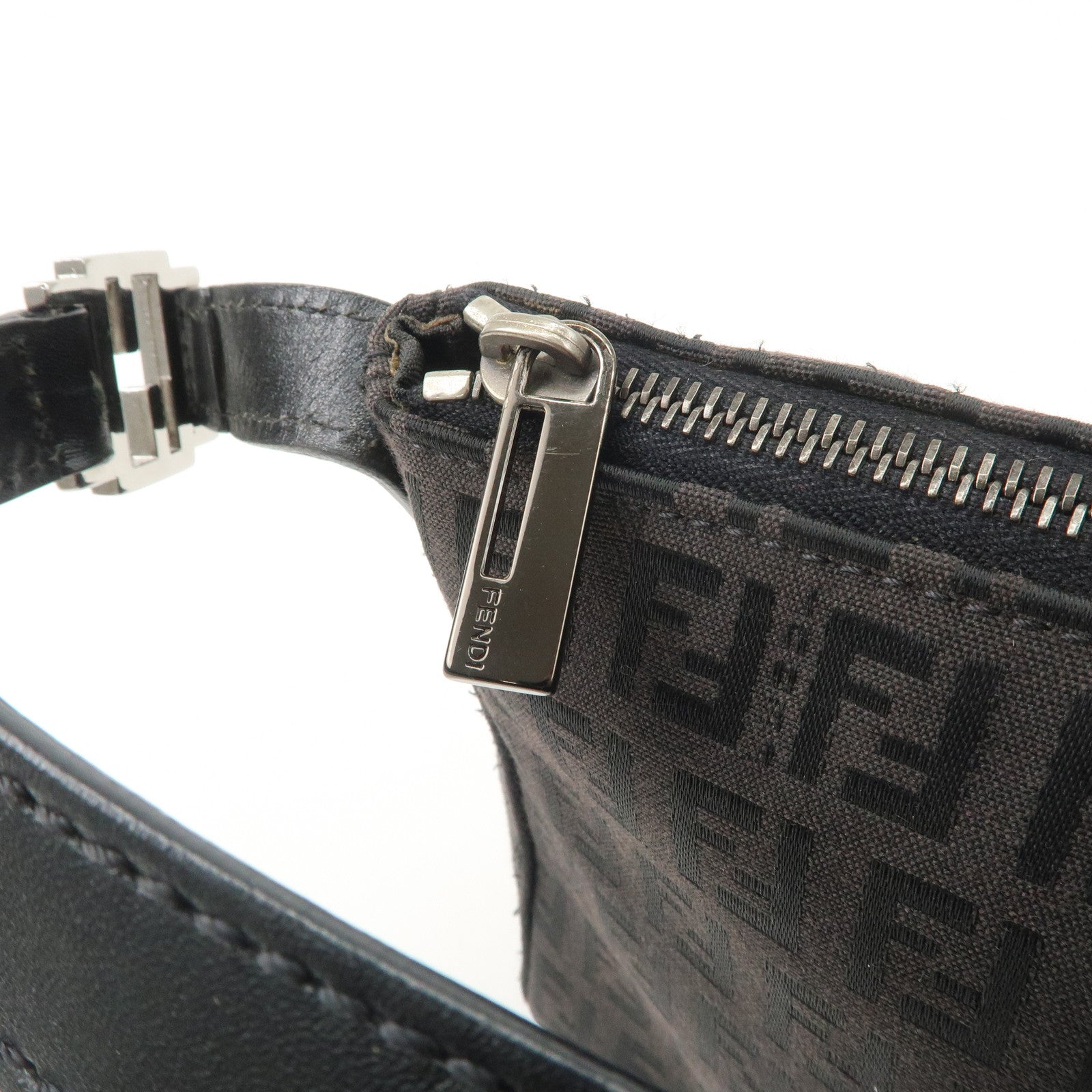 FENDI Zucchino Canvas Leather Shoulder Bag Black Brown 8BR444 Used