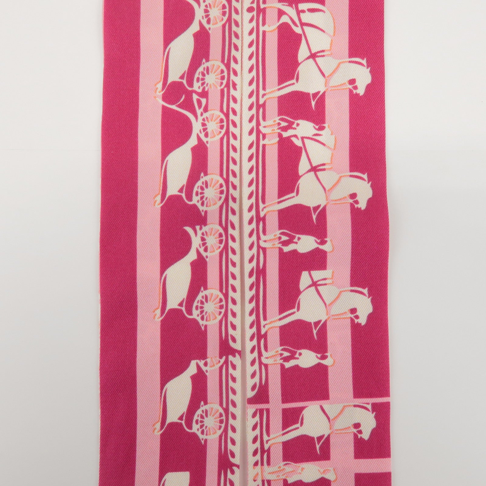 HERMES Twilly 100% Silk Scarf GINZA Logo Motif Pink White