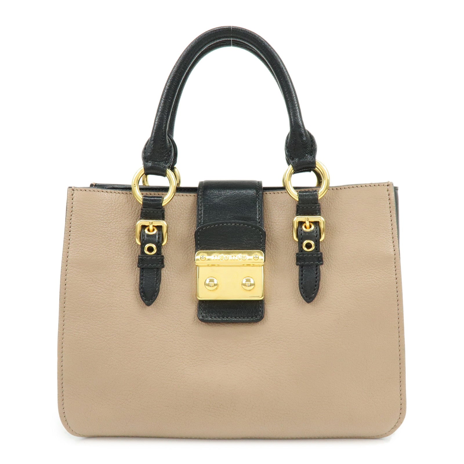 MIU MIU Madras Leather 2Way Hand Bag Bi-color Beige Black RN0799