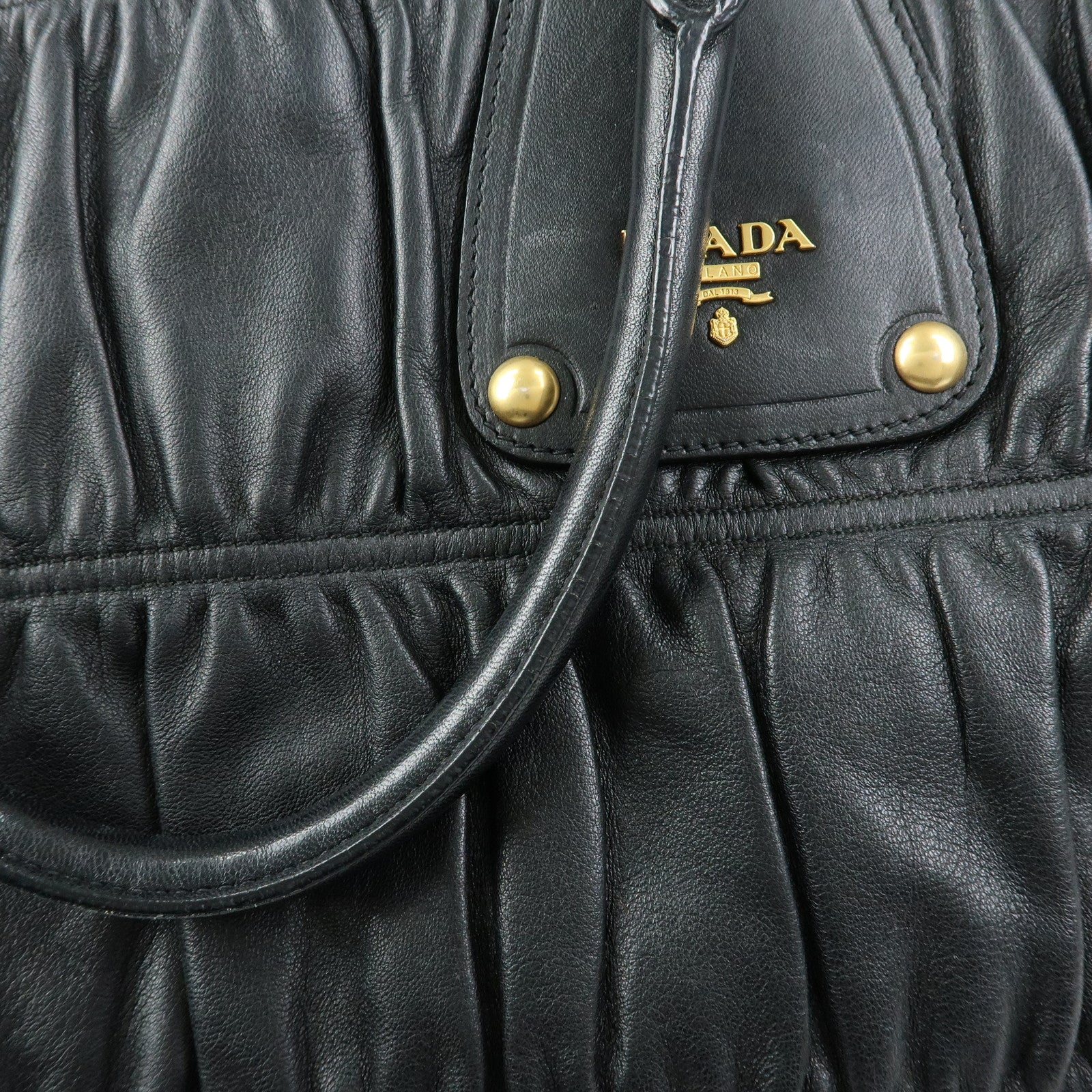 PRADA Logo Leather Gathered Tote Bag Hand Bag Black