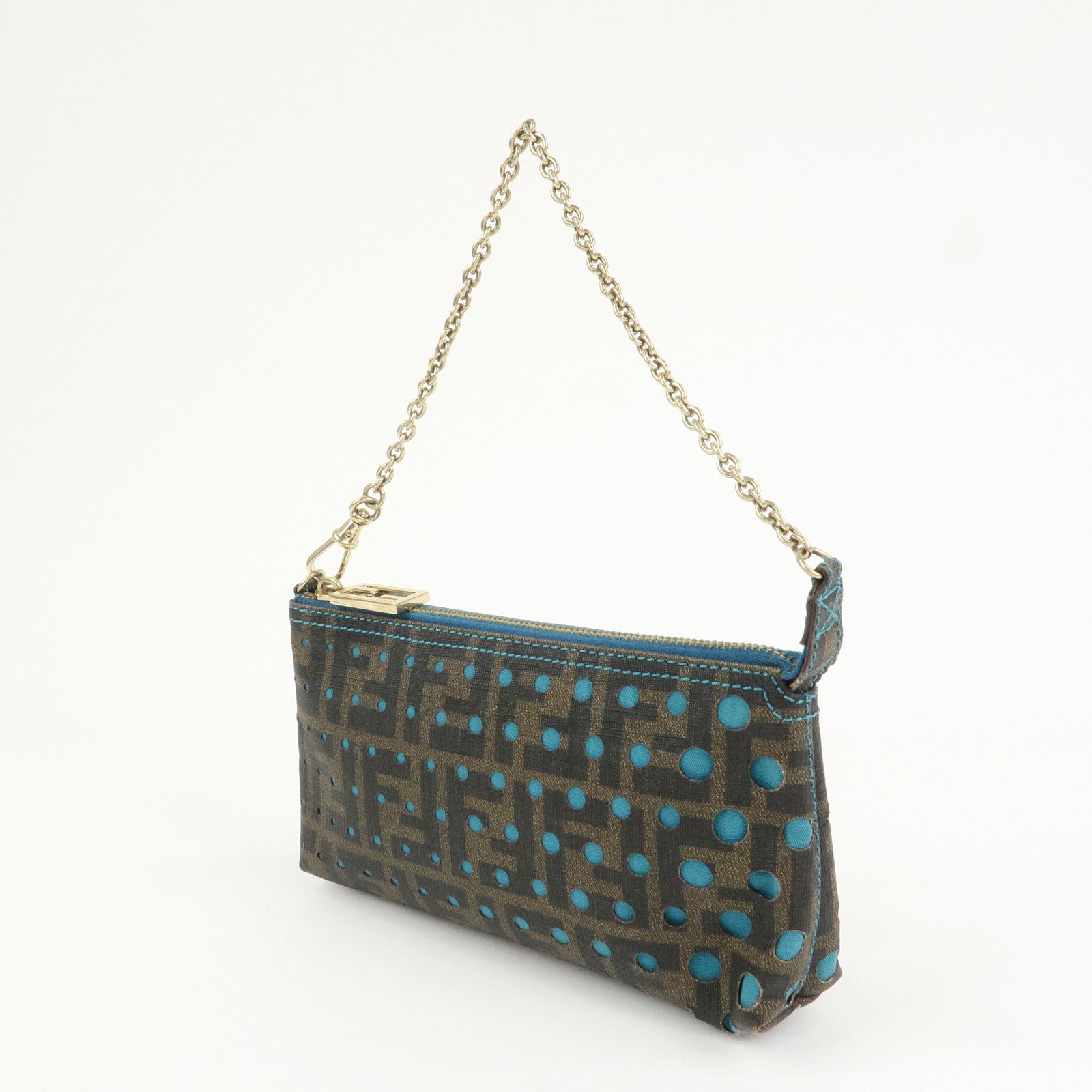 FENDI Zucca PVC Canvas Chain Accessory Pouch Brown Blue 8BR592