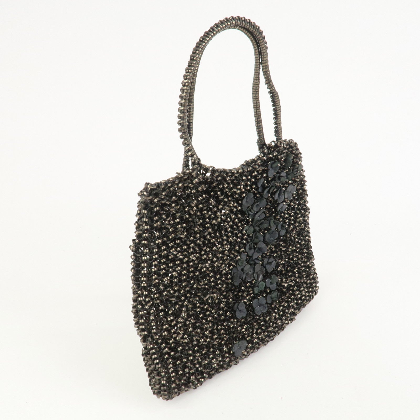 ANTEPRIMA Wire Bag PVC Leather Hand Bag Flower Motif Black Gold