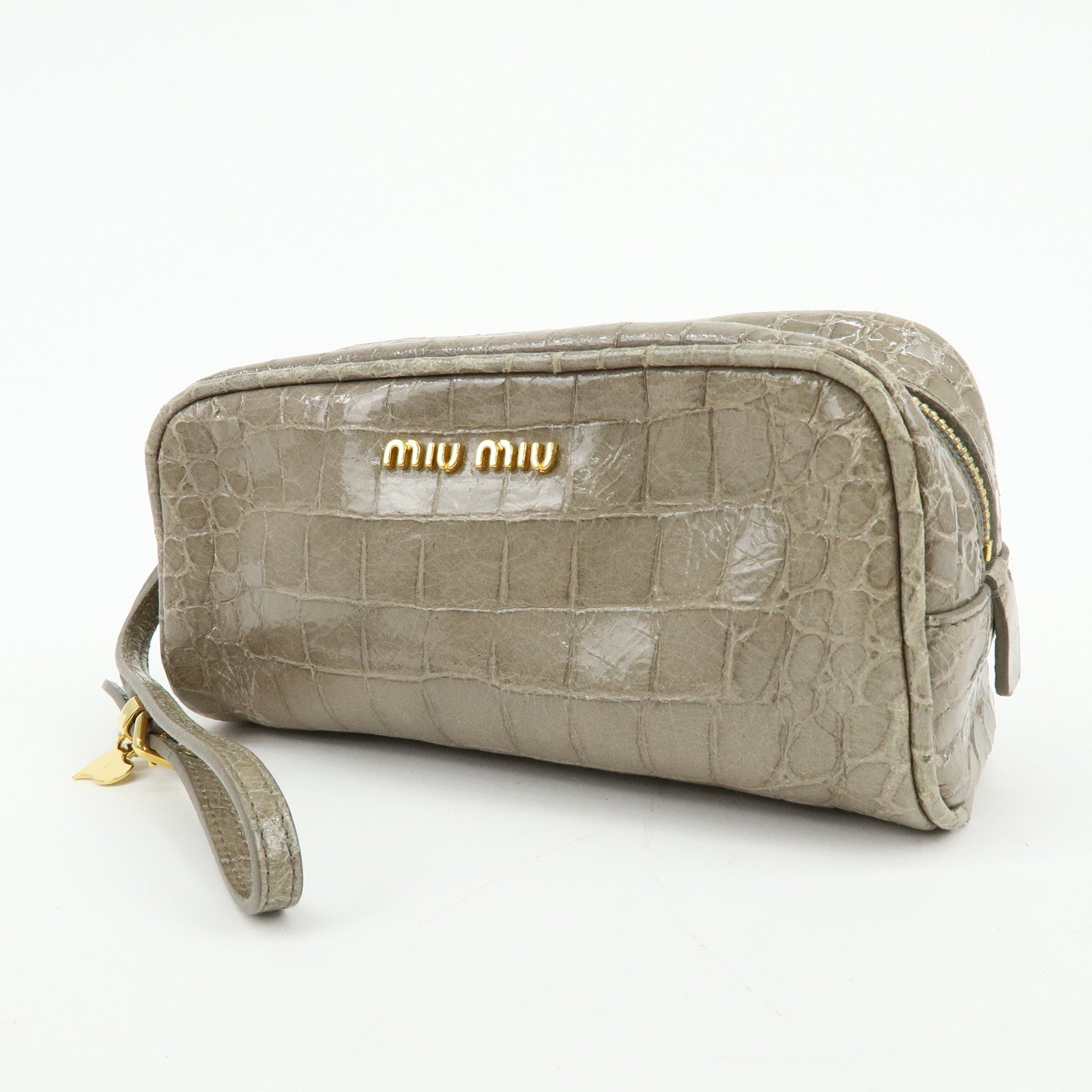 MIU MIU Embossed Leather Clutch Bag Wrist Bag Cosmetic Pouch Greige