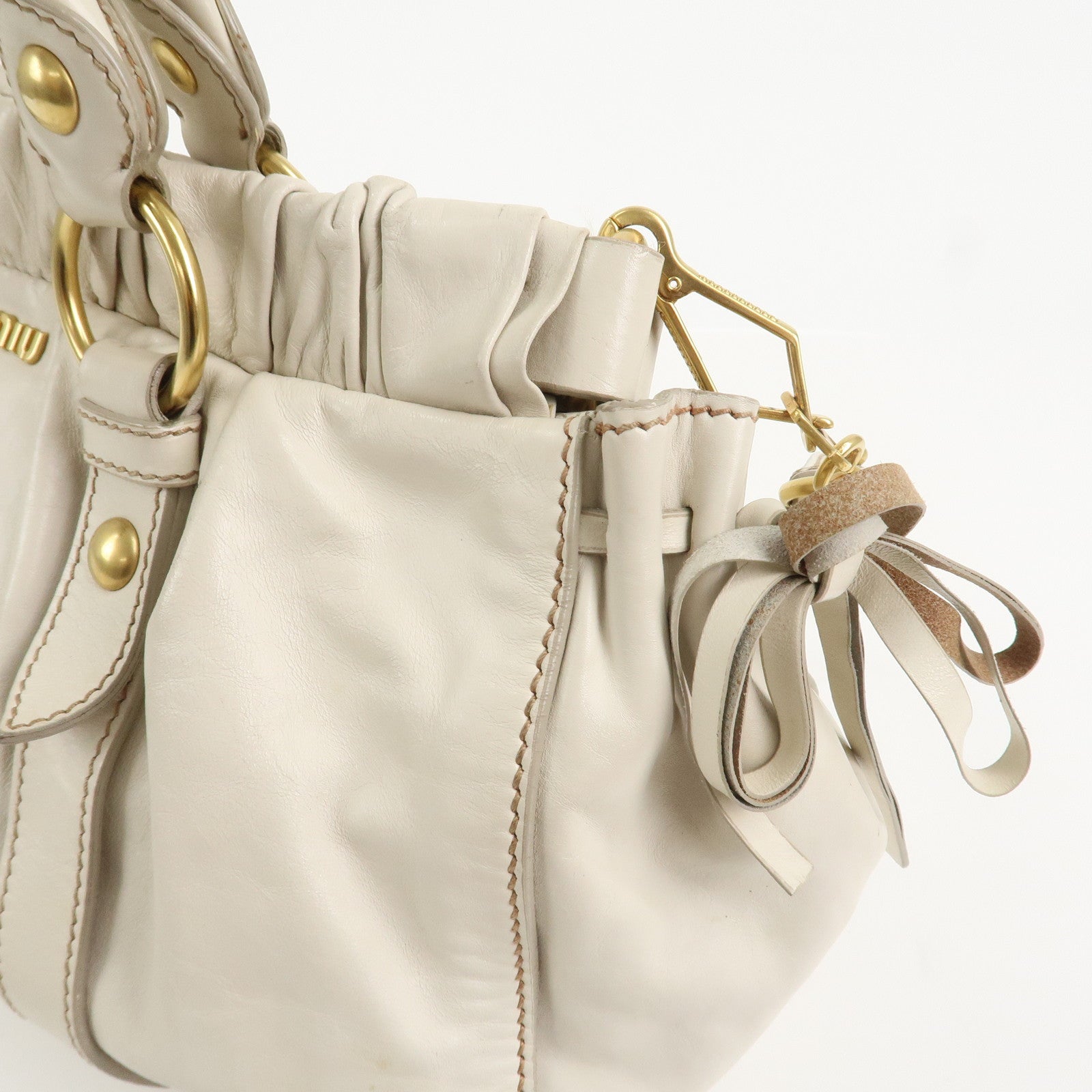 MIU MIU Logo Leather 2Way Bag Shoulder Bag Hand Bag Ivory RT0383