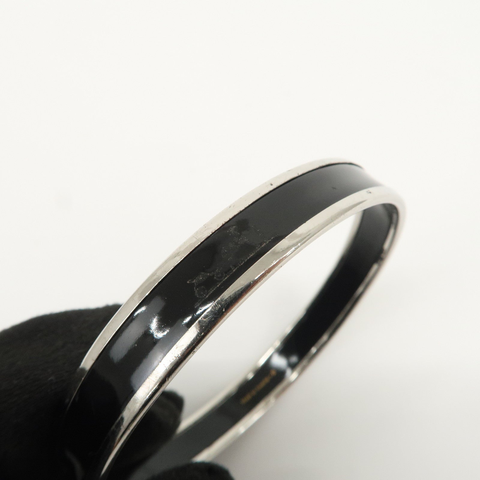 HERMES Email PM Silver Plated Bracelet Bangle Black Silver