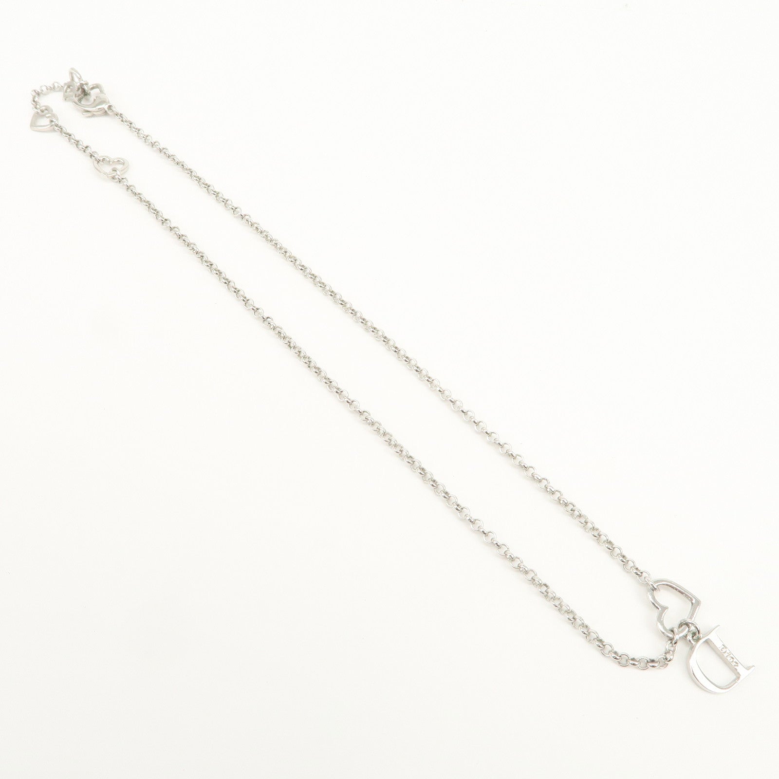 Christian Dior D Logo Heart Pendant Metal Necklace Silver