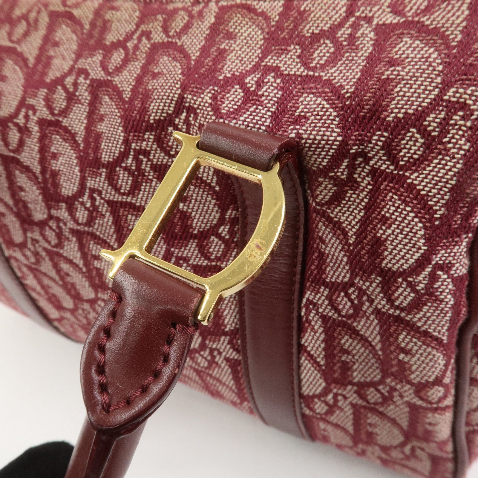 Christian Dior Trotter Jacguard Canvas Leather Boston Hand Bag Red
