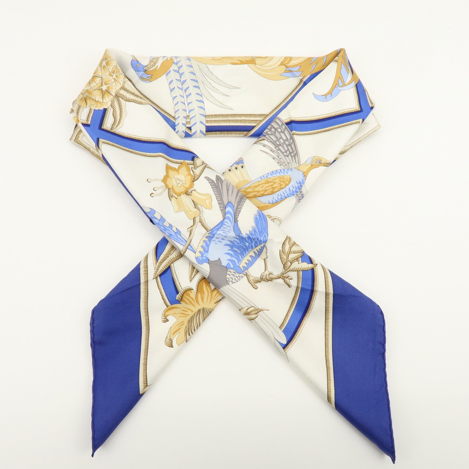 HERMES Carre Silk 100% Scarf Caraibes Oiseaux Ivory Blue