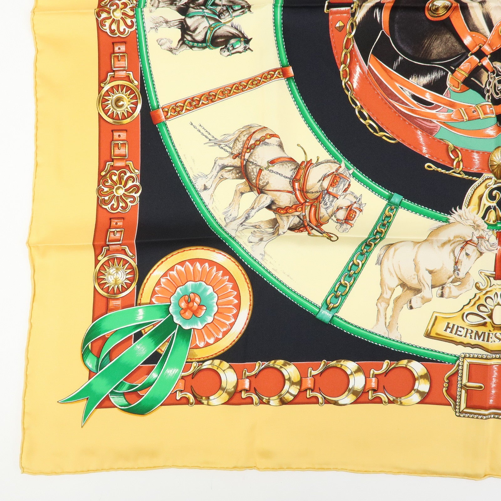 HERMES Carre 90 Silk 100% Scarf CHEVAUX DE TRAIT Black Beige