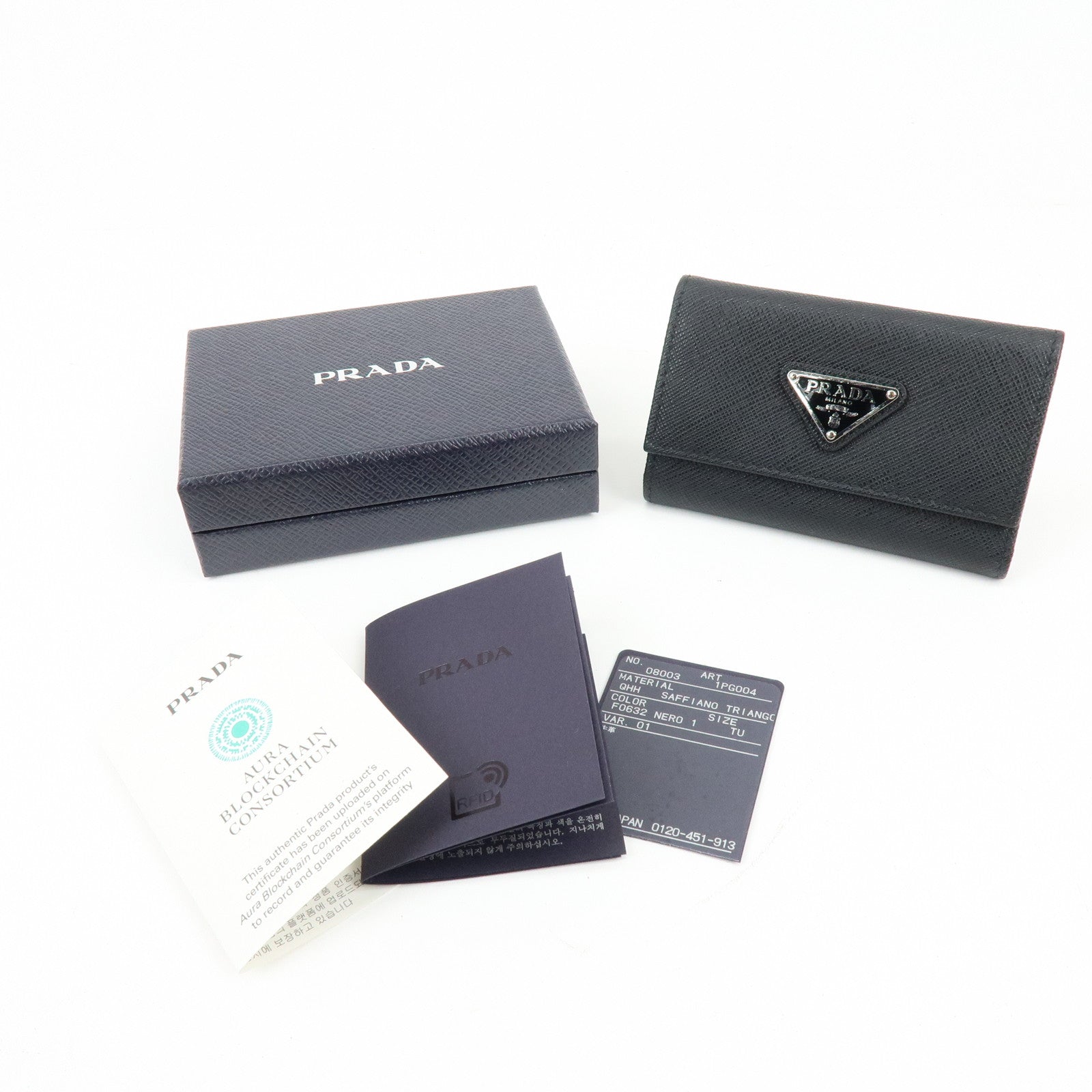 PRADA Triangle Logo Saffiano Leather Key Case Key Ring Black 1PG004