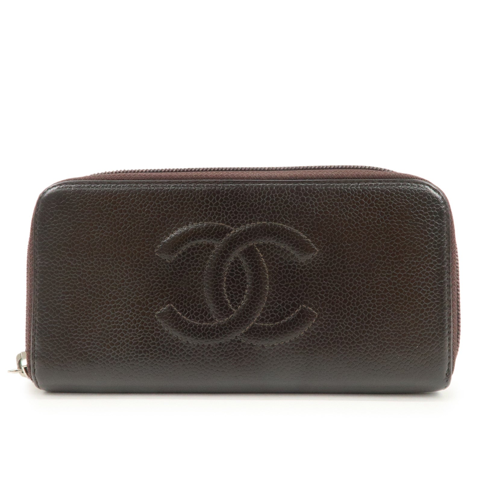 CHANEL COCO Mark Caviarskin Round Zippy Long Wallet Brown