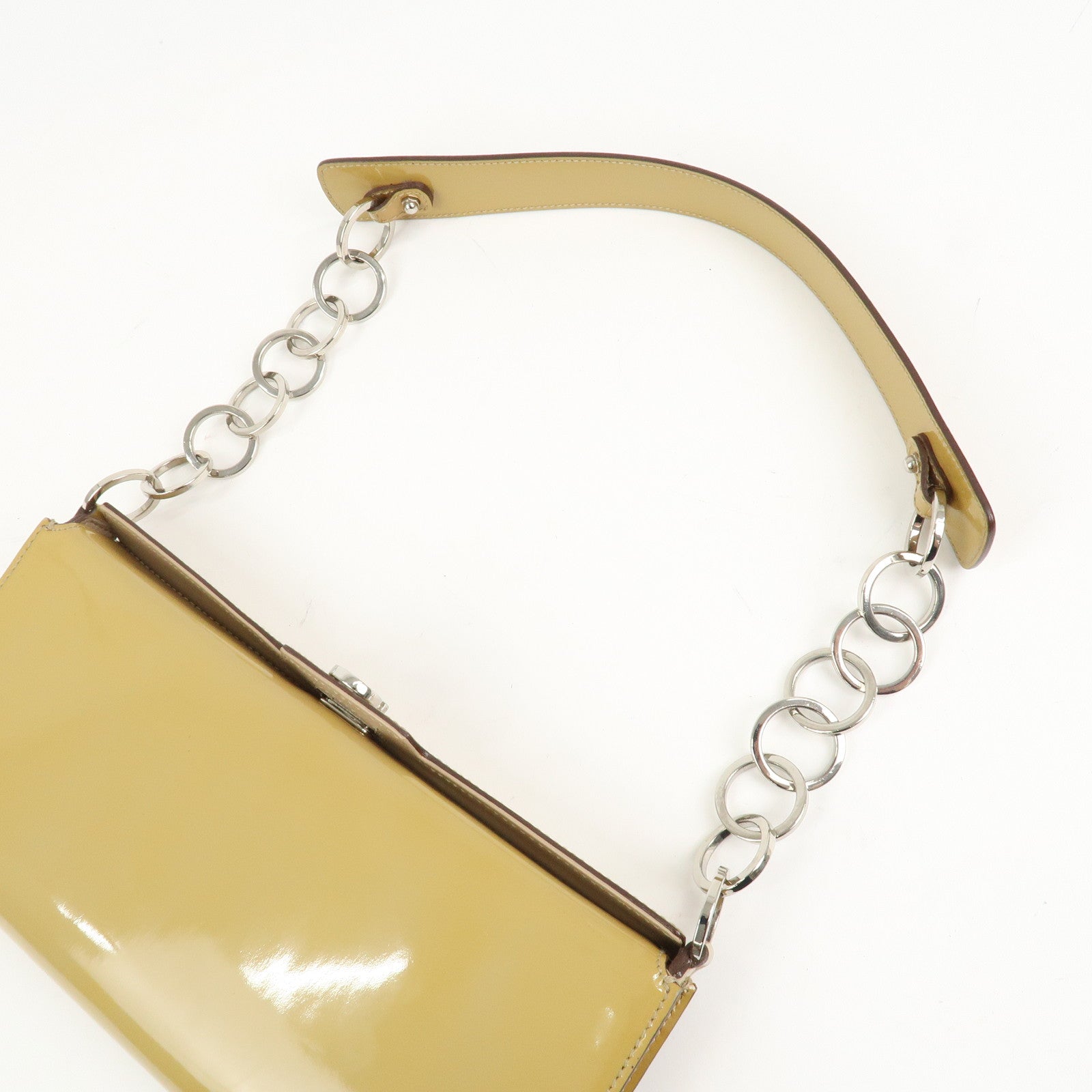 Ferragamo Gancini Patent Leather Chain Shoulder Bag Hand Bag Beige
