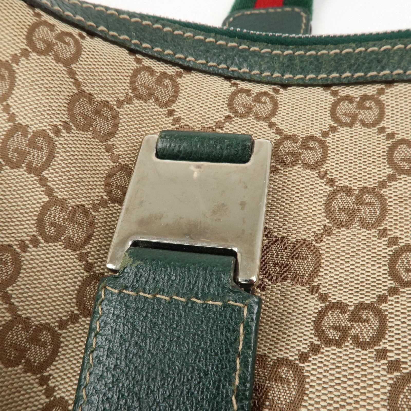 GUCCI Sherry GG Canvas Leather Hand Bag Beige Green 145759