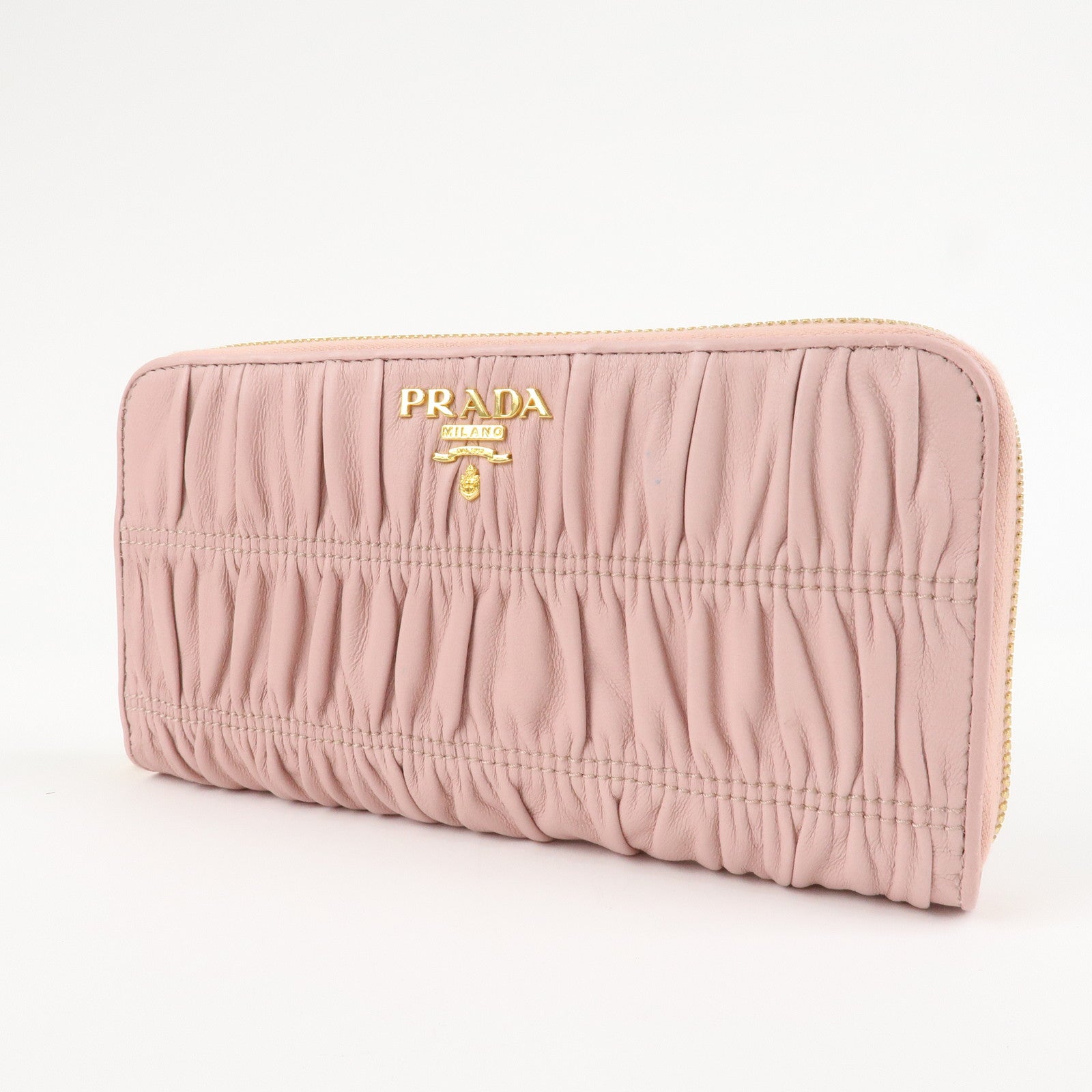 PRADA Leather Gather Round Zippy Wallet Gold Hardware Pink 1M0506 Used