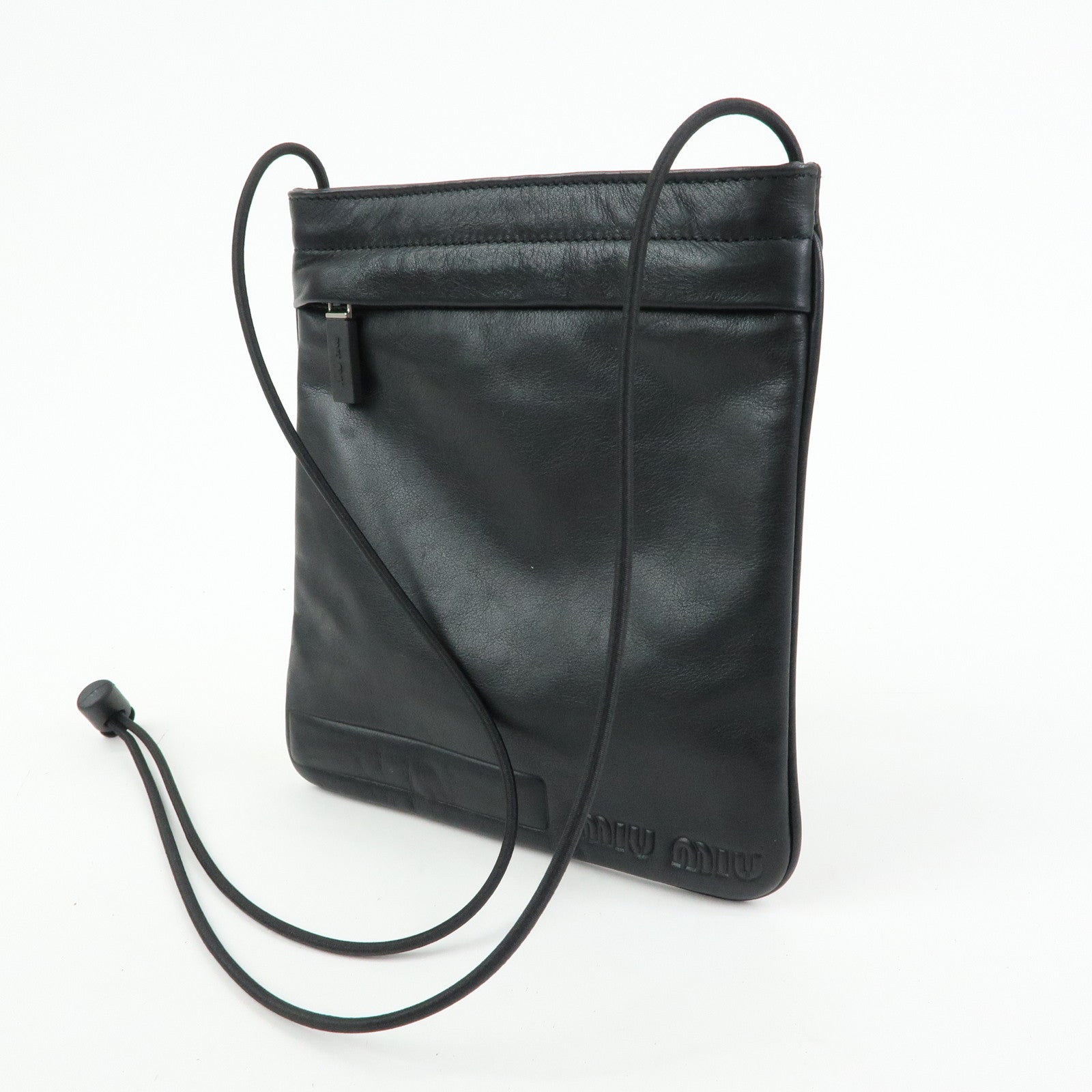 MIU MIU Logo Leather Shoulder Bag Crossbody Bag Flat Pouch Black