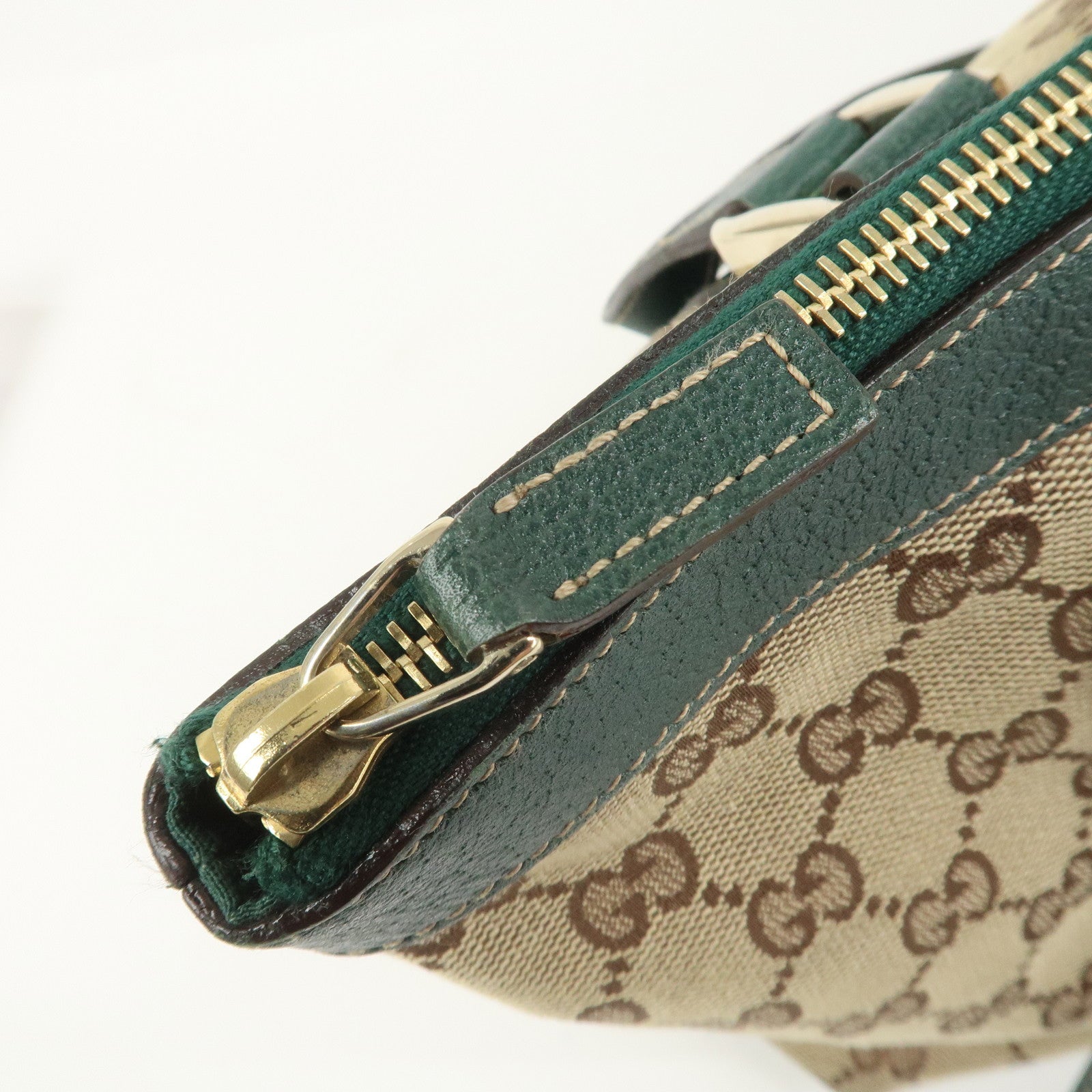 GUCCI Abbey GG Canvas Leather Tote Bag Beige Dark Green 141470