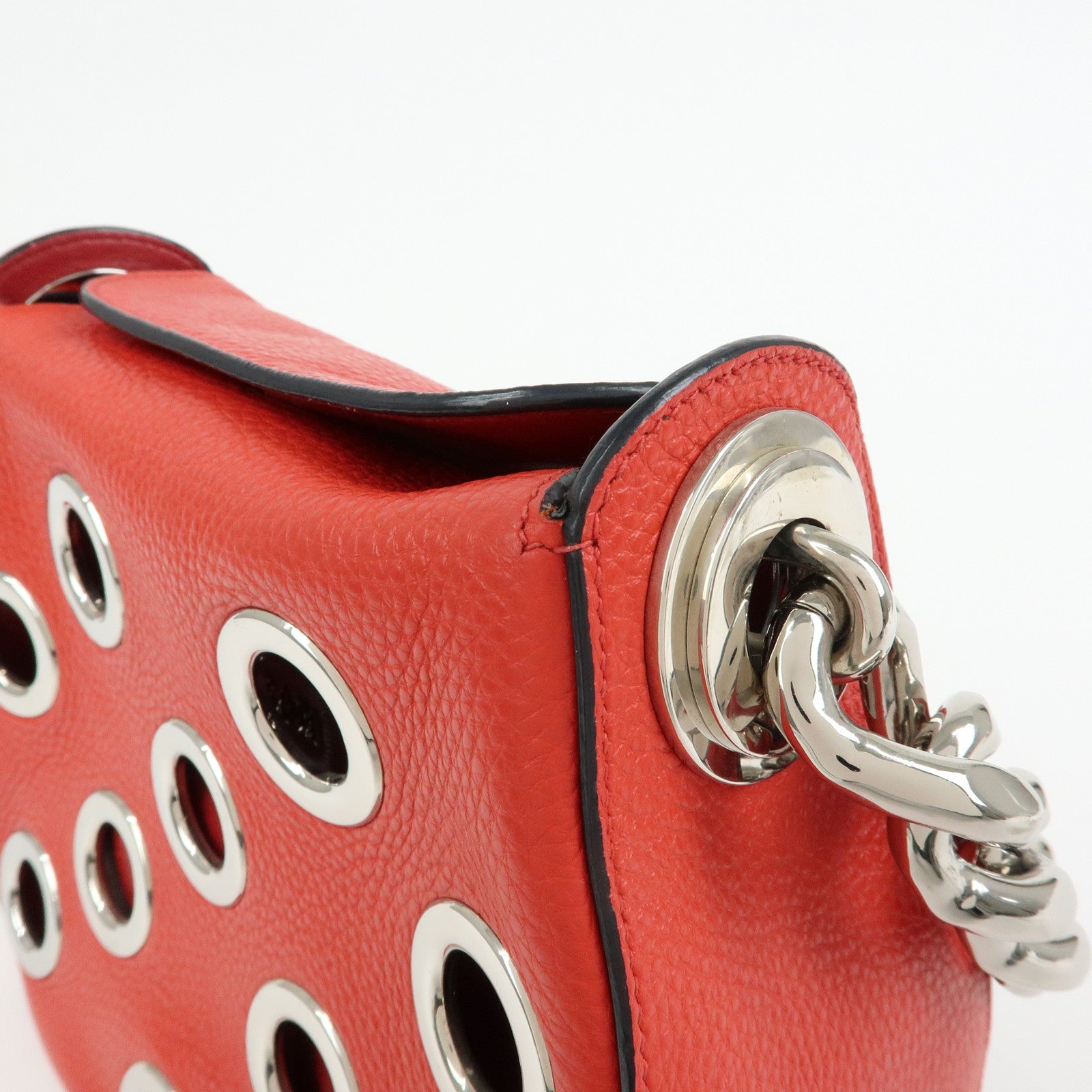 PRADA Grommet Leather Chain Shoulder Bag Hand Bag Red