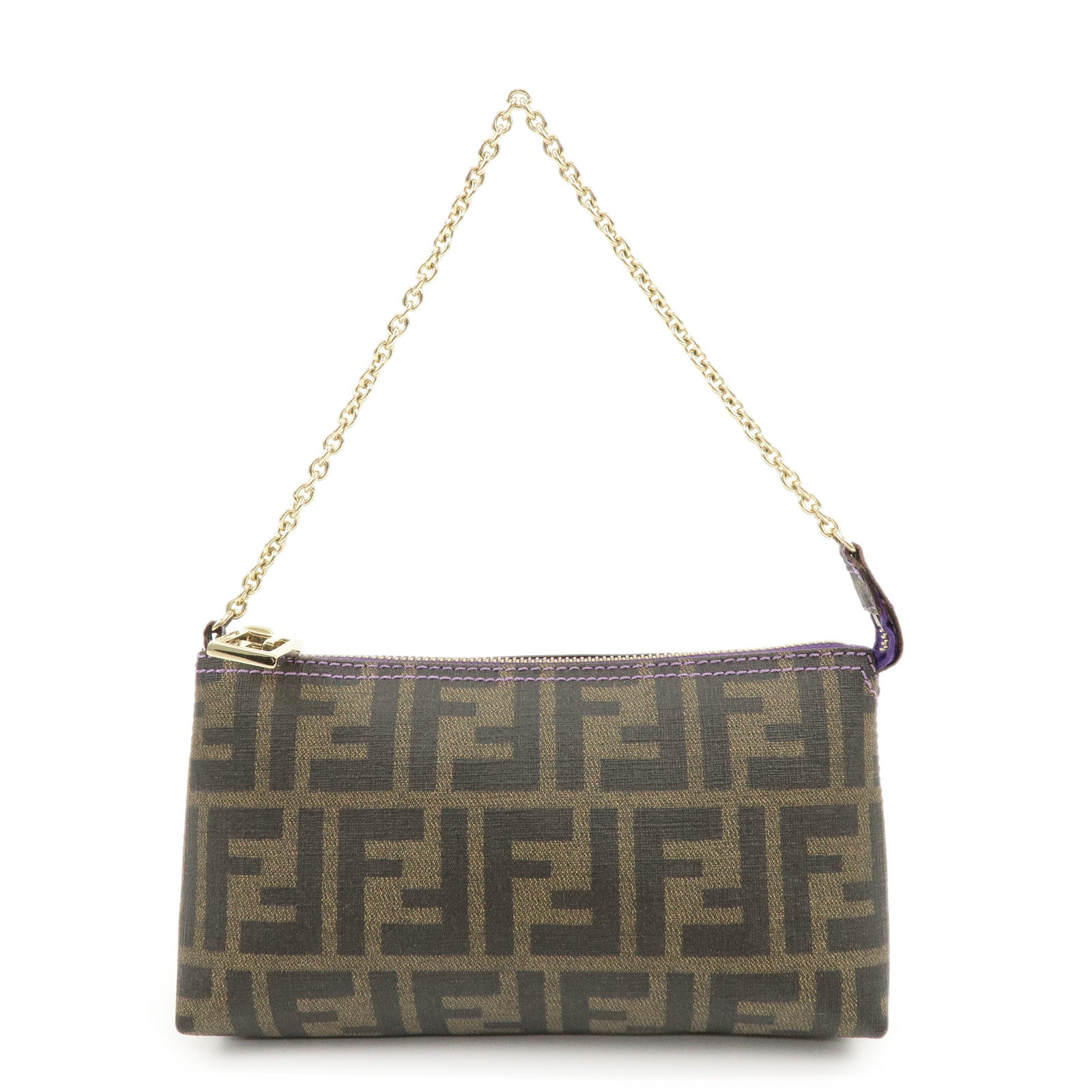 FENDI Zucca Print PVC Chain Accessory Pouch Brown Purple 8BR592