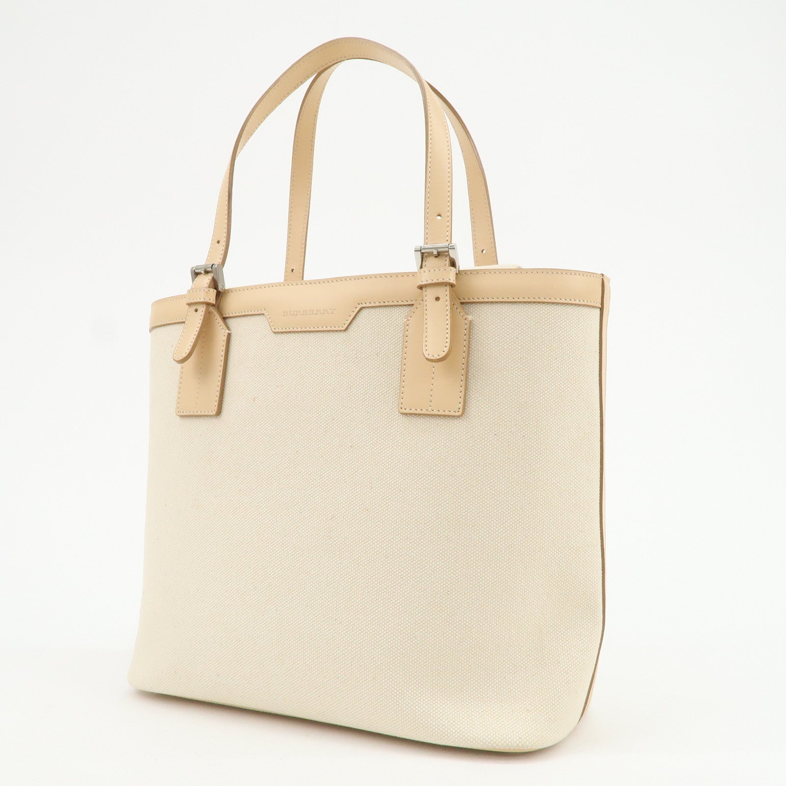 BURBERRY Cotton Leather Tote Bag Hand Bag Natural Beige