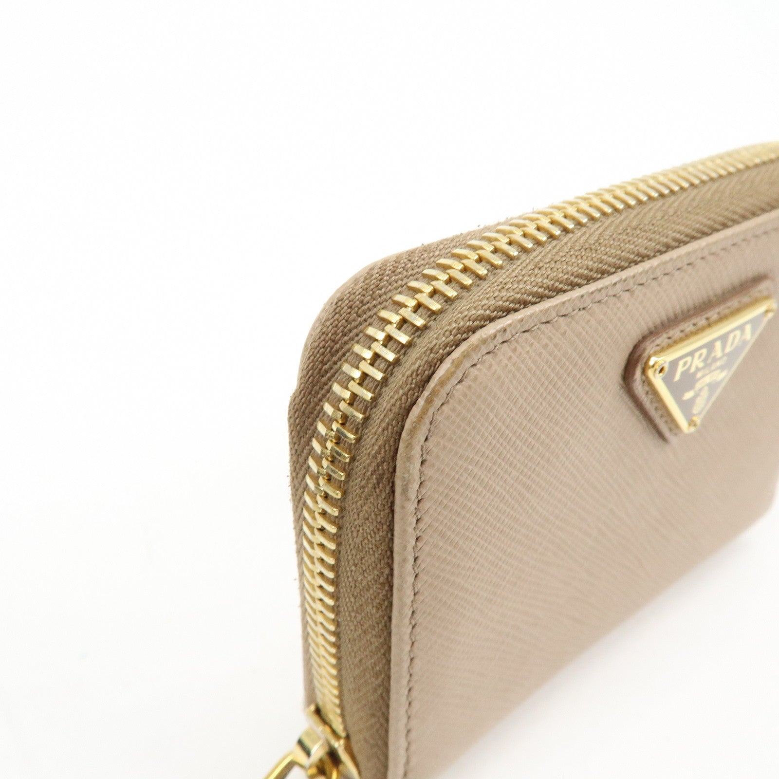 PRADA Triangle Logo Saffiano Leather Round Zippy Compact Wallet