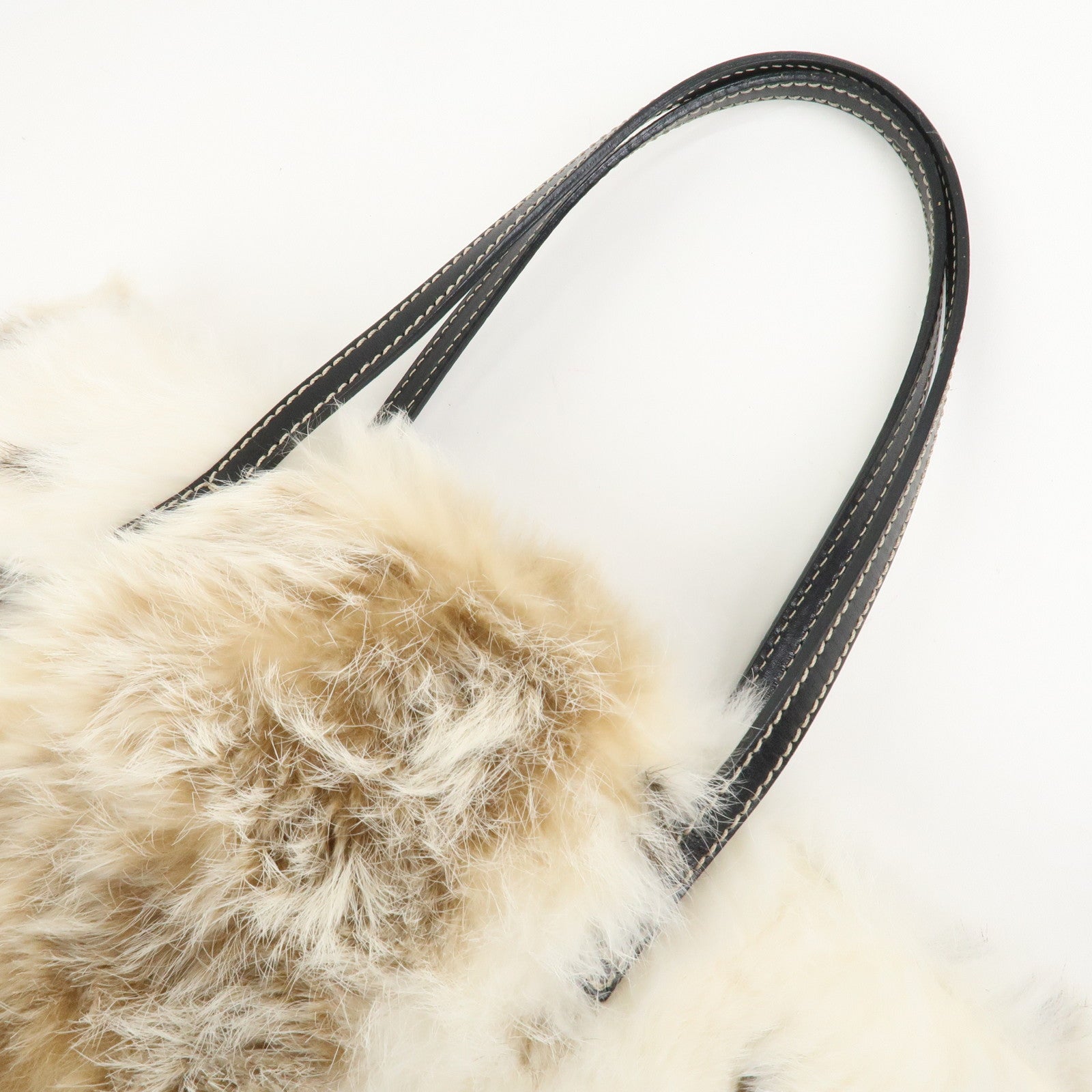 FENDI Fur Leather Hand Bag Tote Bag Ivory Light Brown 8BH056