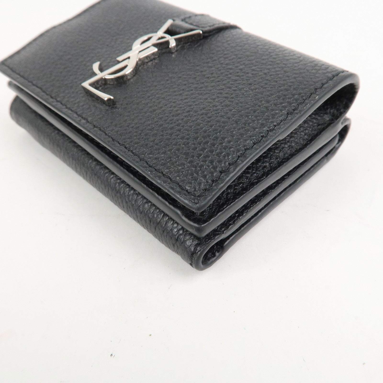 SAINT LAURENT Leather Tri-fold Compact Wallet Black Silver HDW