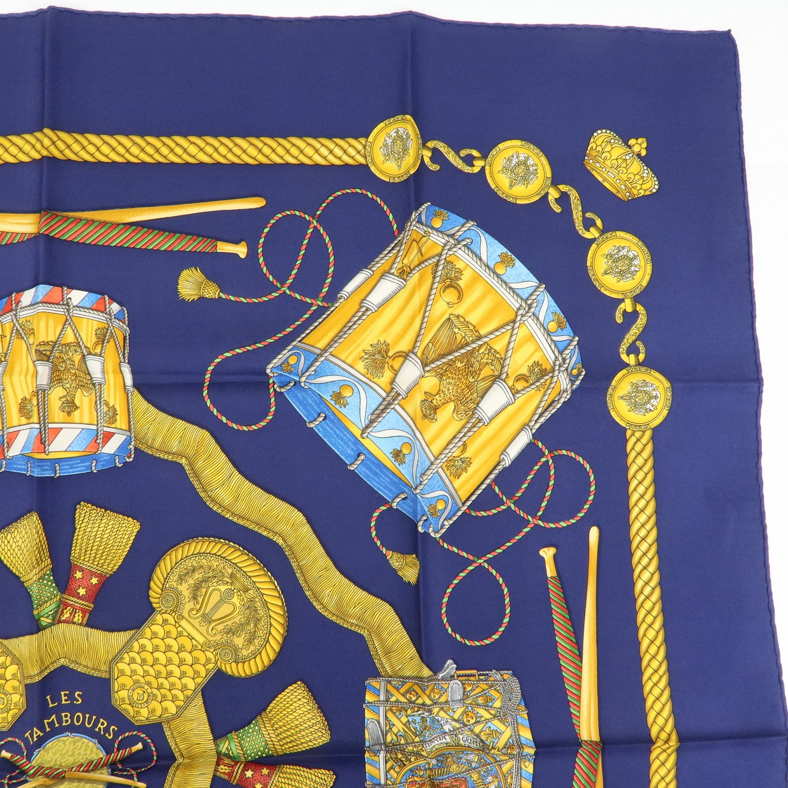 HERMES Carre 90 Silk 100% Scarf LES TAMBOURS Navy Gold