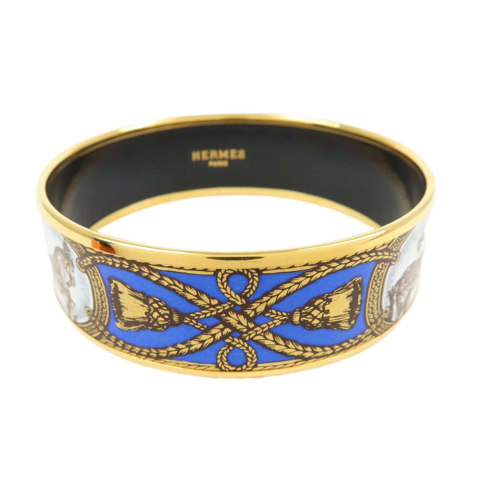 HERMES Email GM Gold Plated Bangle Bracelet Blue Gold