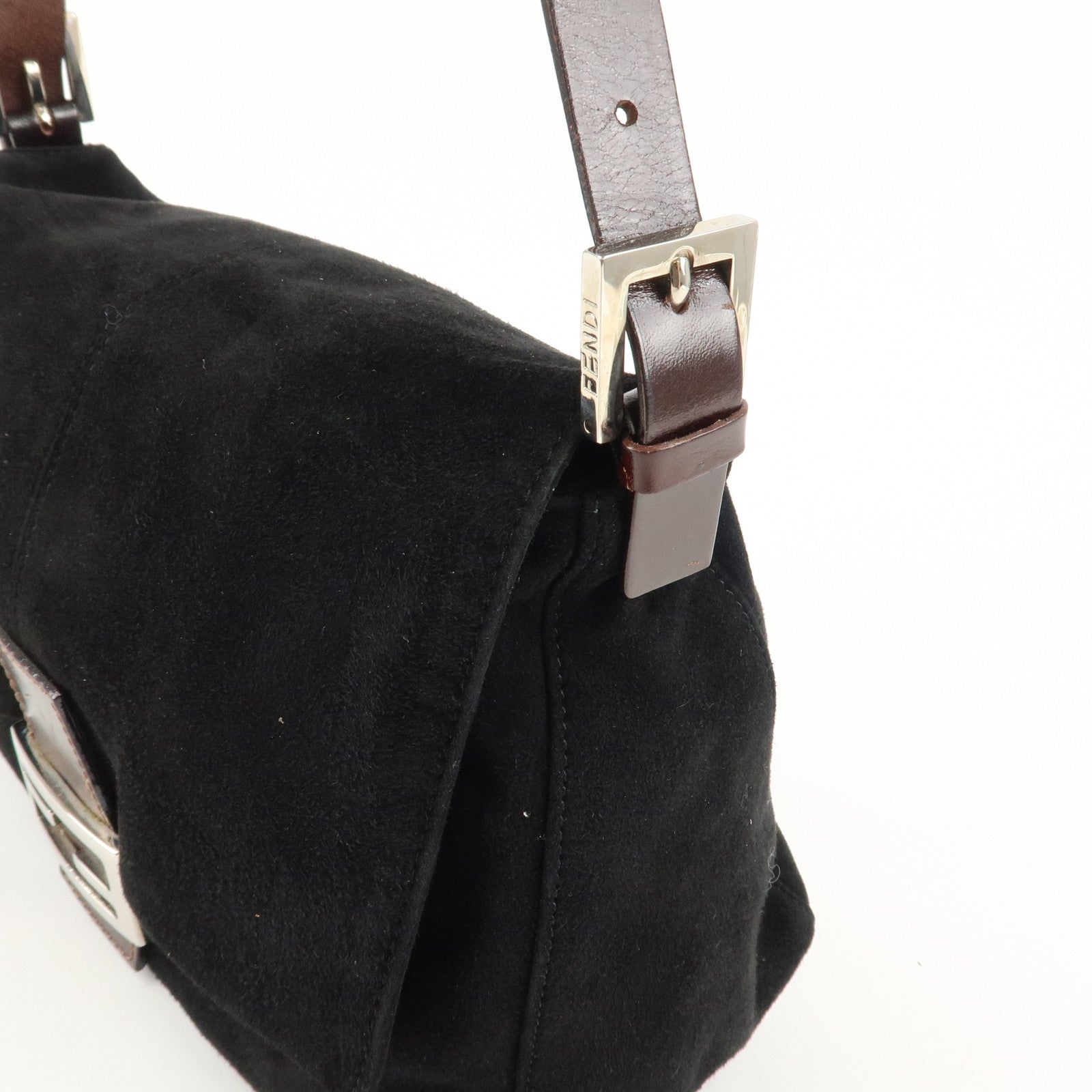 FENDI Mamma Baguette Suede Leather Shoulder Bag Silver HDW 26325 Used