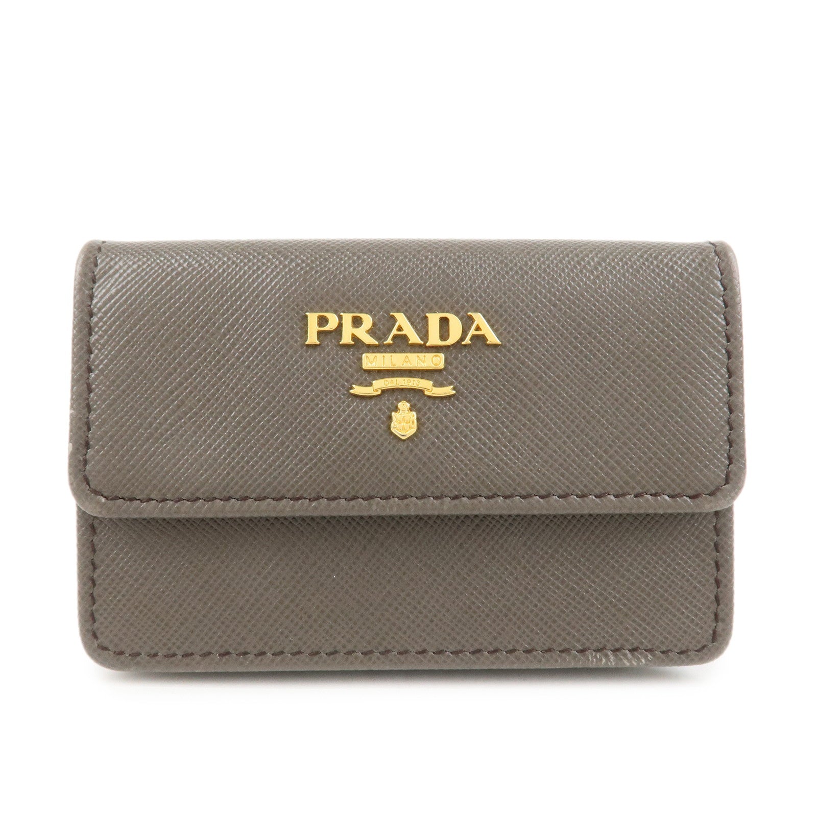 PRADA Logo Saffiano Leather Card Case Card Holder Brown 1MC881