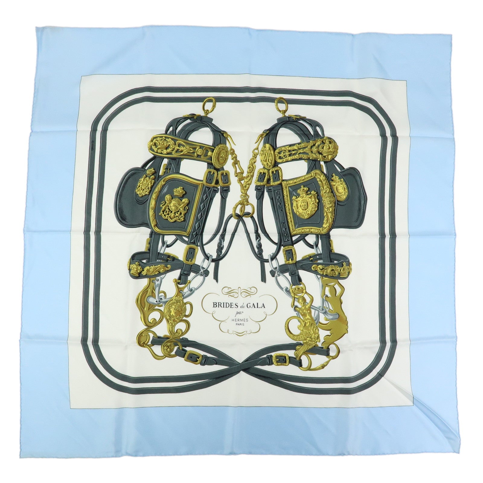 HERMES Carre 90 Silk 100% Scarf Brides de Gala Gray Light Blue Gold