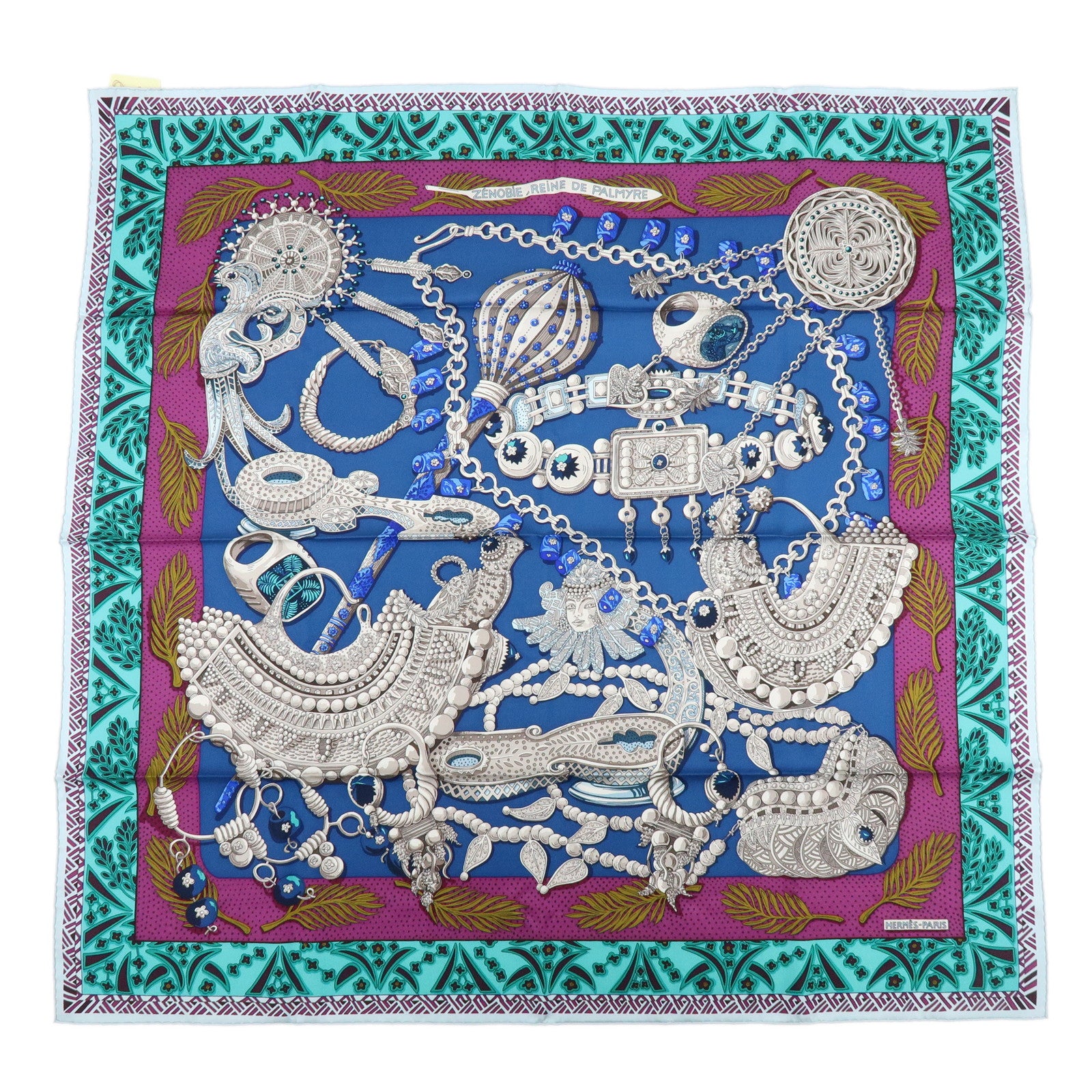 HERMES Carre 90 Silk 100% Scarf ZENOBIE REINE DE PALMYRE Blue