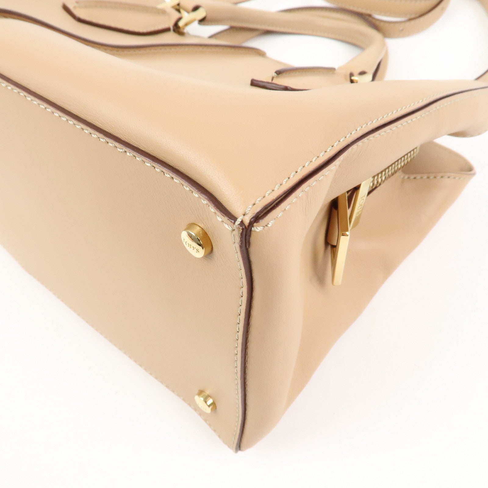 TOD’S Leather 2Way Bag Hand Bag Shoulder Bag Beige Gold