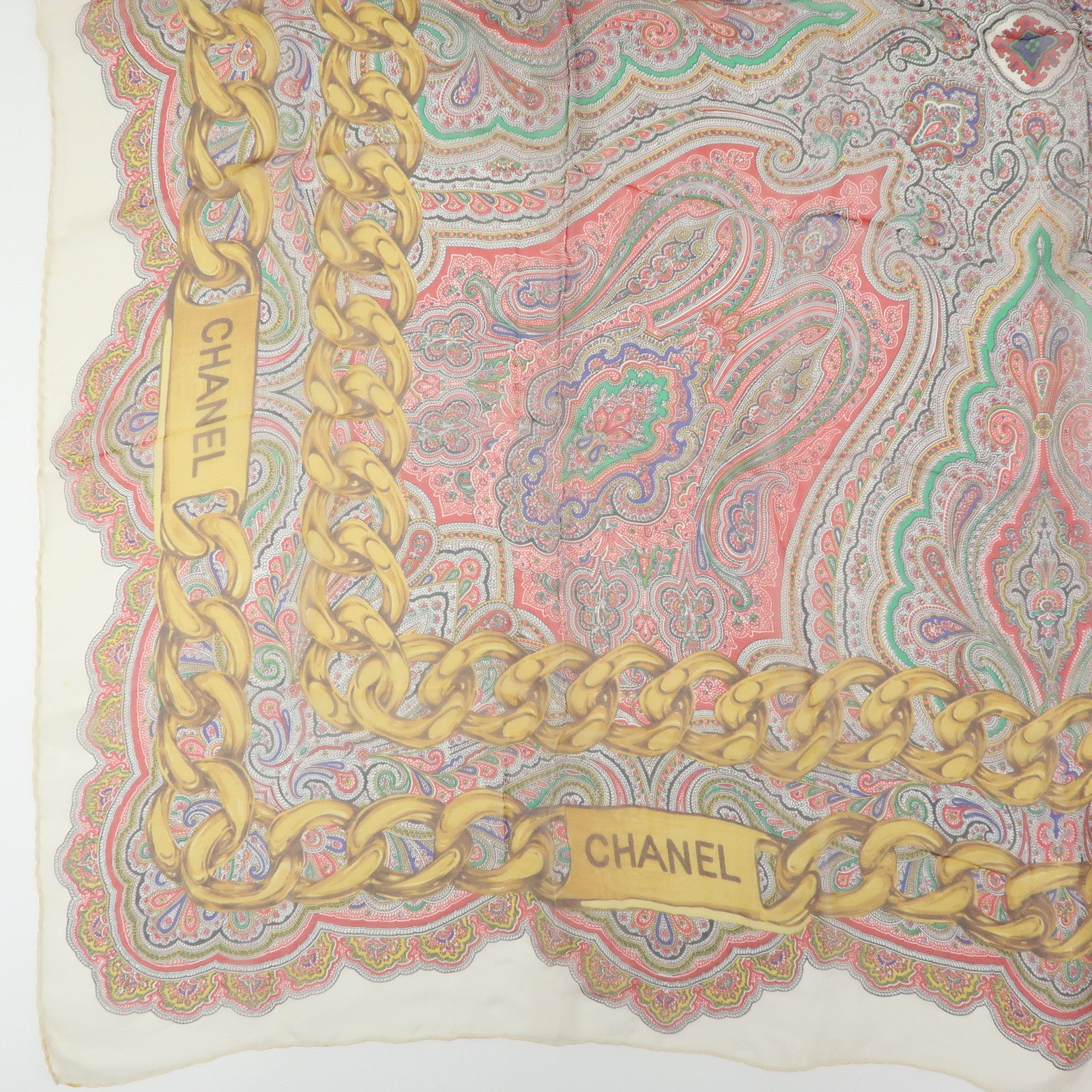 CHANEL Silk 100% Paisley Chain Pattern Scarf Gold Red