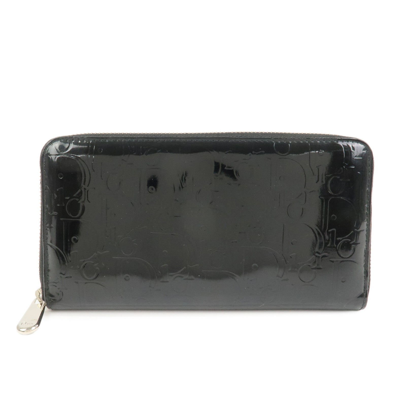 Christian Dior Trotter Patent Leather Round Zippy Long Wallet Black