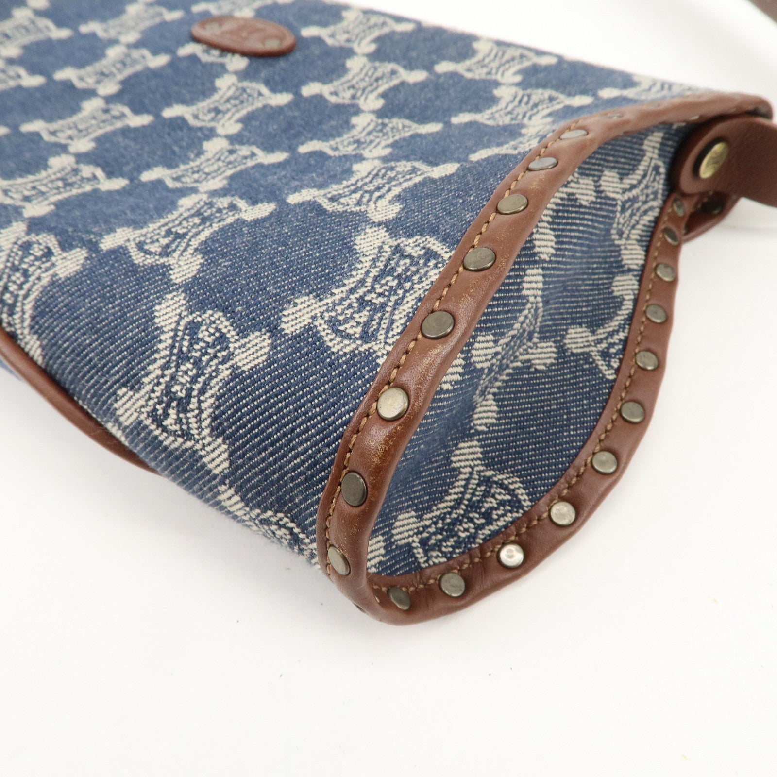 CELINE Macadam Canvas Leather Shoulder Bag Hand Bag Navy Brown