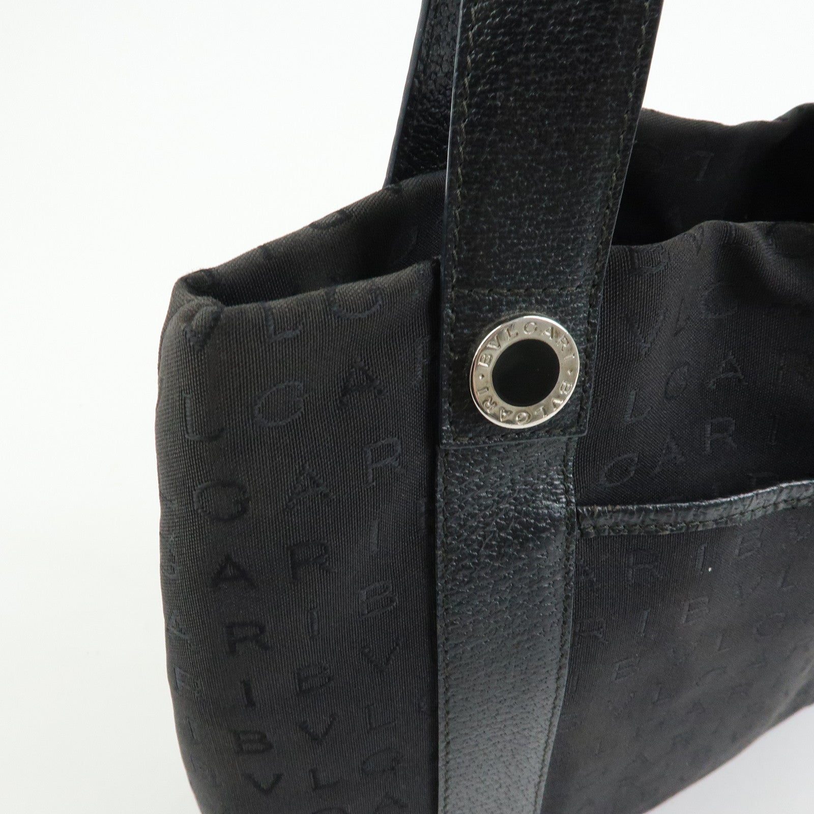 BVLGARI Logo Mania Canvas Leather Tote Bag Hand Bag Black