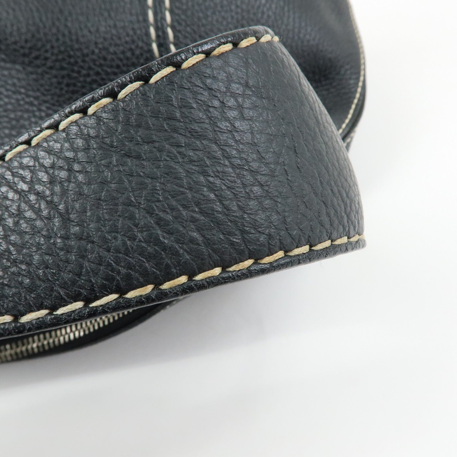 TOD'S Logo Stitches Leather Shoulder Bag Hand Bag Black