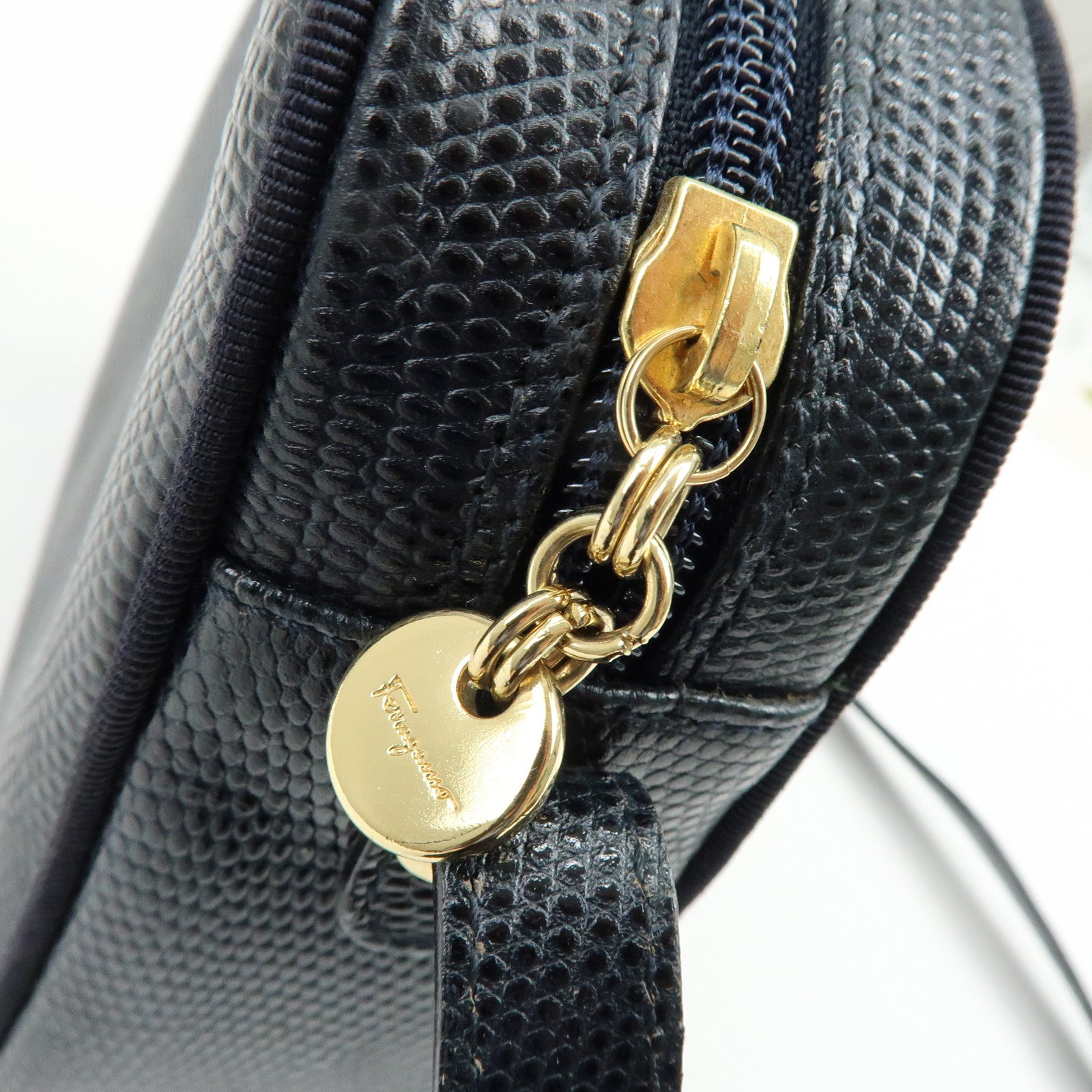 Ferragamo Vara Embossed Leather Shoulder Bag Crossbody Bag Navy