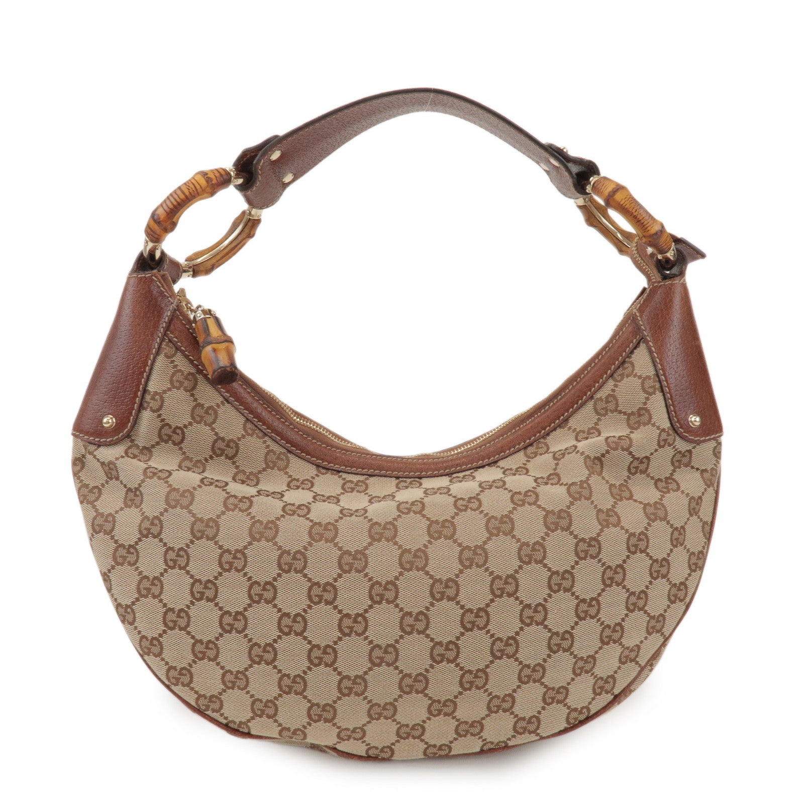 GUCCI Bamboo GG Canvas Leather Shoulder Bag Beige Brown 137577