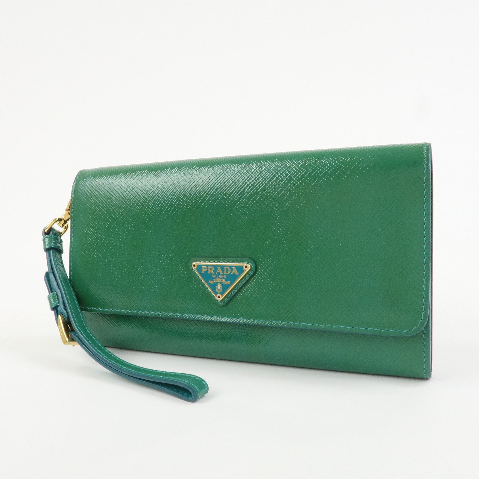 PRADA Triangle Logo Patent Leather Bi-Fold Long Wallet Green
