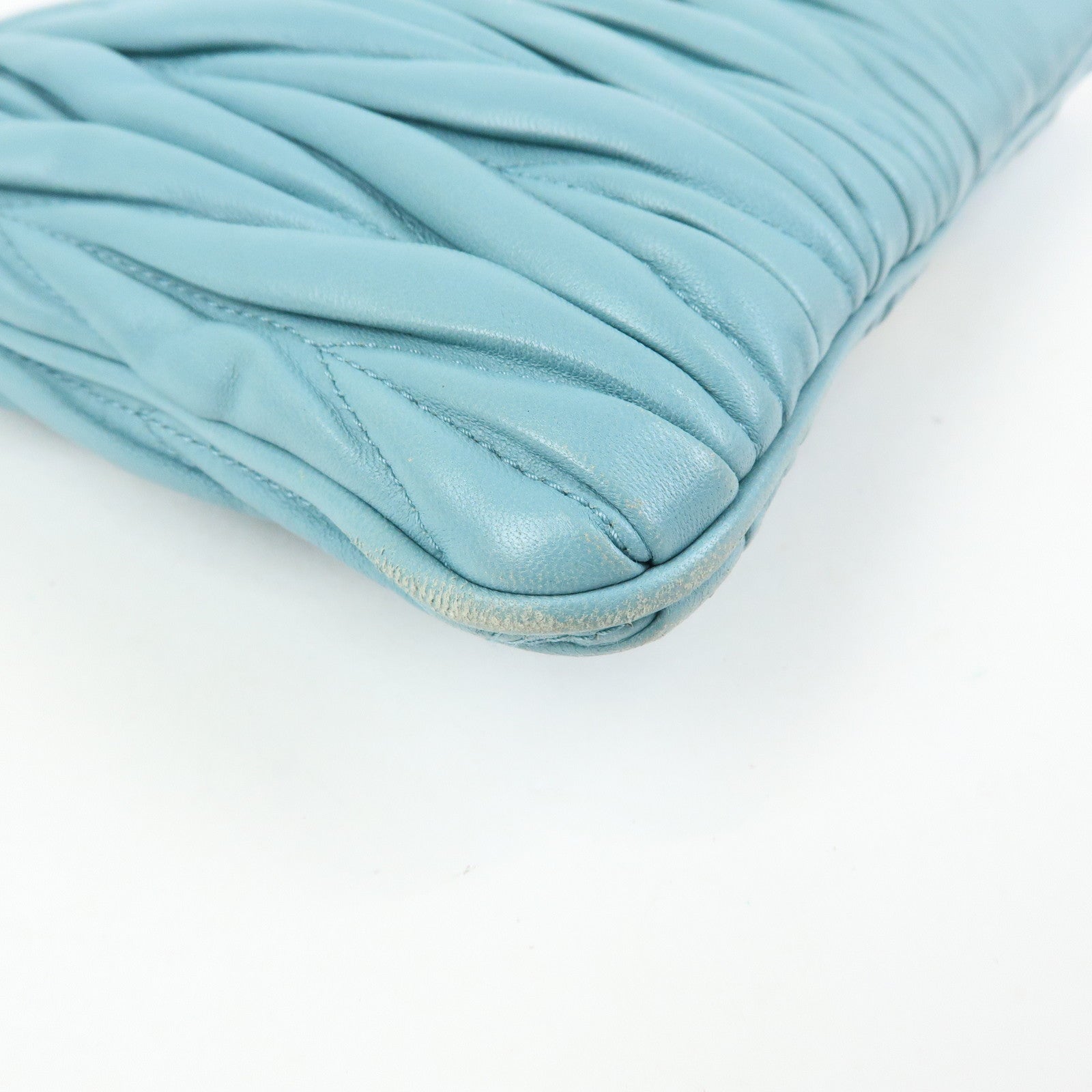 MIU MIU Logo Matelasse Nappa Leather Clutch Bag Light Blue 5N1573