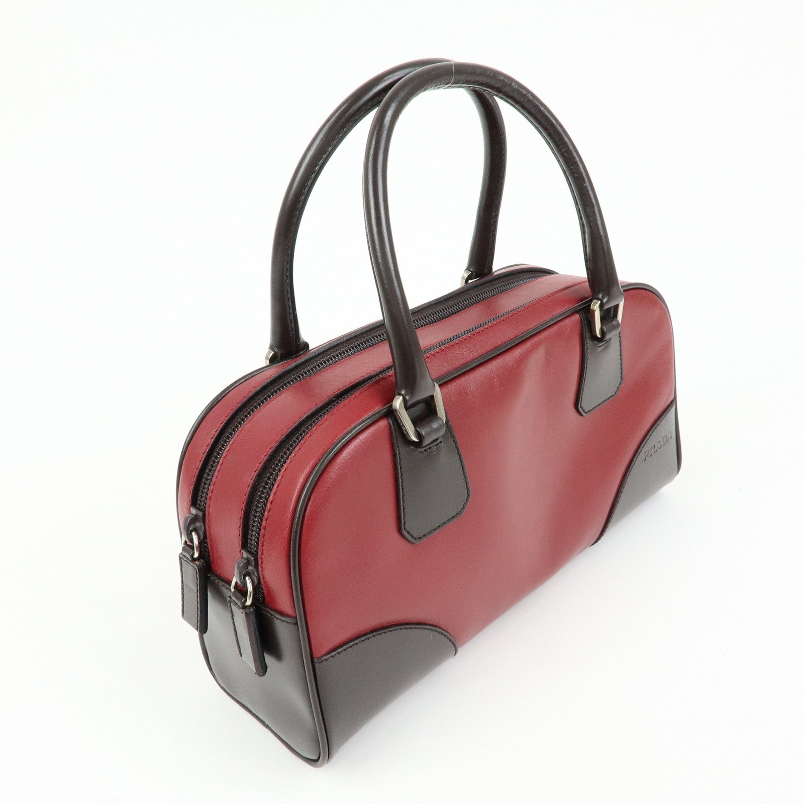 PRADA Leather Bicolor Hand Bag Mini Boston Bag Red Brown